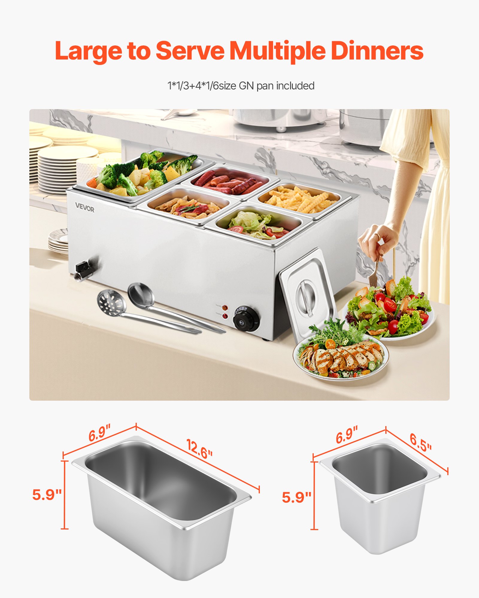 VEVOR kommerzieller Speisenwärmer, elektrischer Dampftisch mit 5 Behältern (1 x 1/3-Größe + 1 x 1/6 -Größe) 1200 W, Buffet-Wasserbad mit Temperaturregelung von 30–80 °C für Buffets Partys