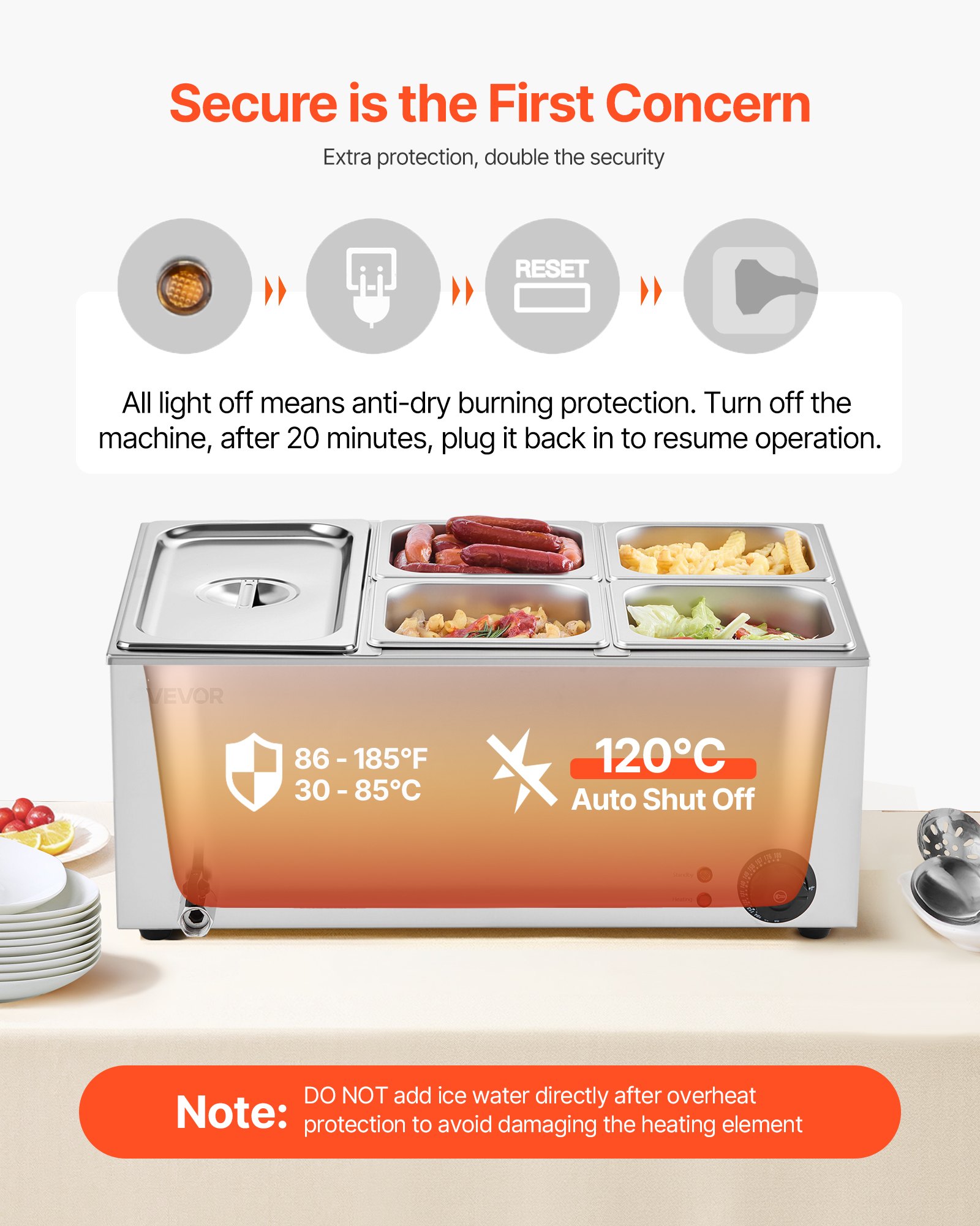VEVOR kommerzieller Speisenwärmer, elektrischer Dampftisch mit 5 Behältern (1 x 1/3-Größe + 1 x 1/6 -Größe) 1200 W, Buffet-Wasserbad mit Temperaturregelung von 30–80 °C für Buffets Partys