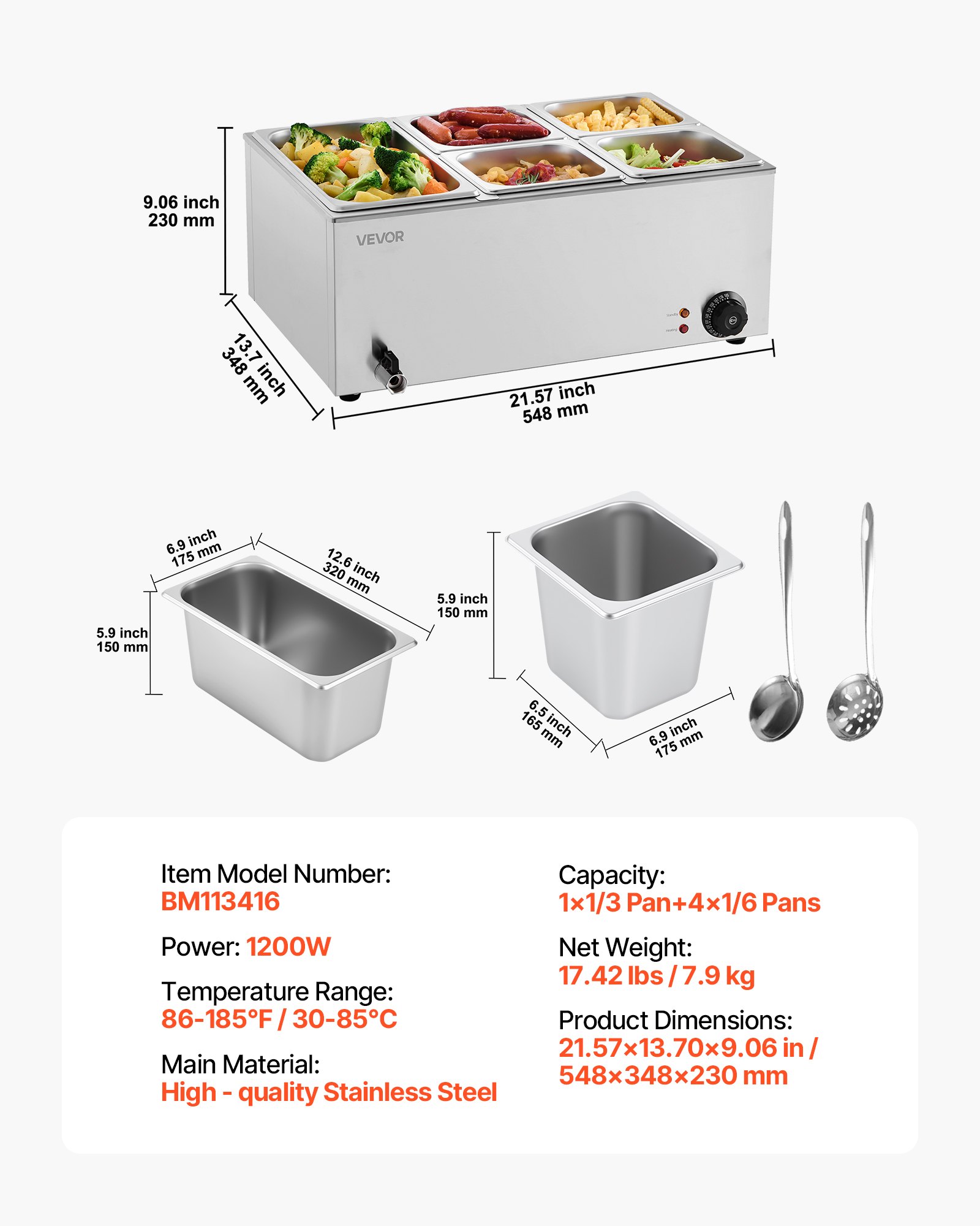 VEVOR kommerzieller Speisenwärmer, elektrischer Dampftisch mit 5 Behältern (1 x 1/3-Größe + 1 x 1/6 -Größe) 1200 W, Buffet-Wasserbad mit Temperaturregelung von 30–80 °C für Buffets Partys