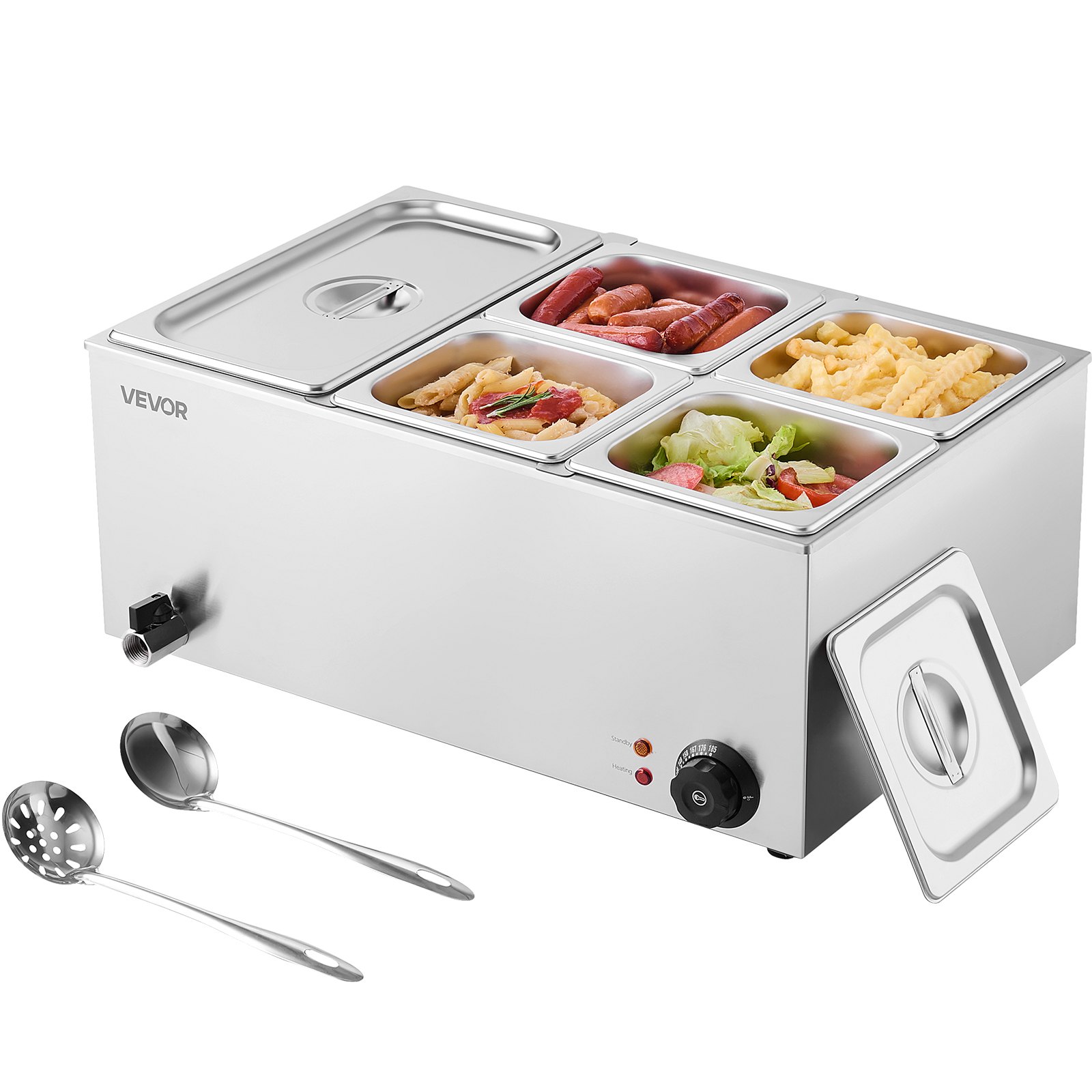 VEVOR kommerzieller Speisenwärmer, elektrischer Dampftisch mit 5 Behältern (1 x 1/3-Größe + 1 x 1/6 -Größe) 1200 W, Buffet-Wasserbad mit Temperaturregelung von 30–80 °C für Buffets Partys