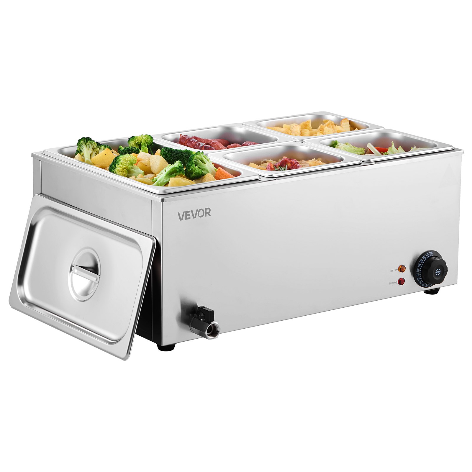 VEVOR kommerzieller Speisenwärmer, elektrischer Dampftisch mit 5 Behältern (1 x 1/3-Größe + 1 x 1/6 -Größe) 1200 W, Buffet-Wasserbad mit Temperaturregelung von 30–80 °C für Buffets Partys