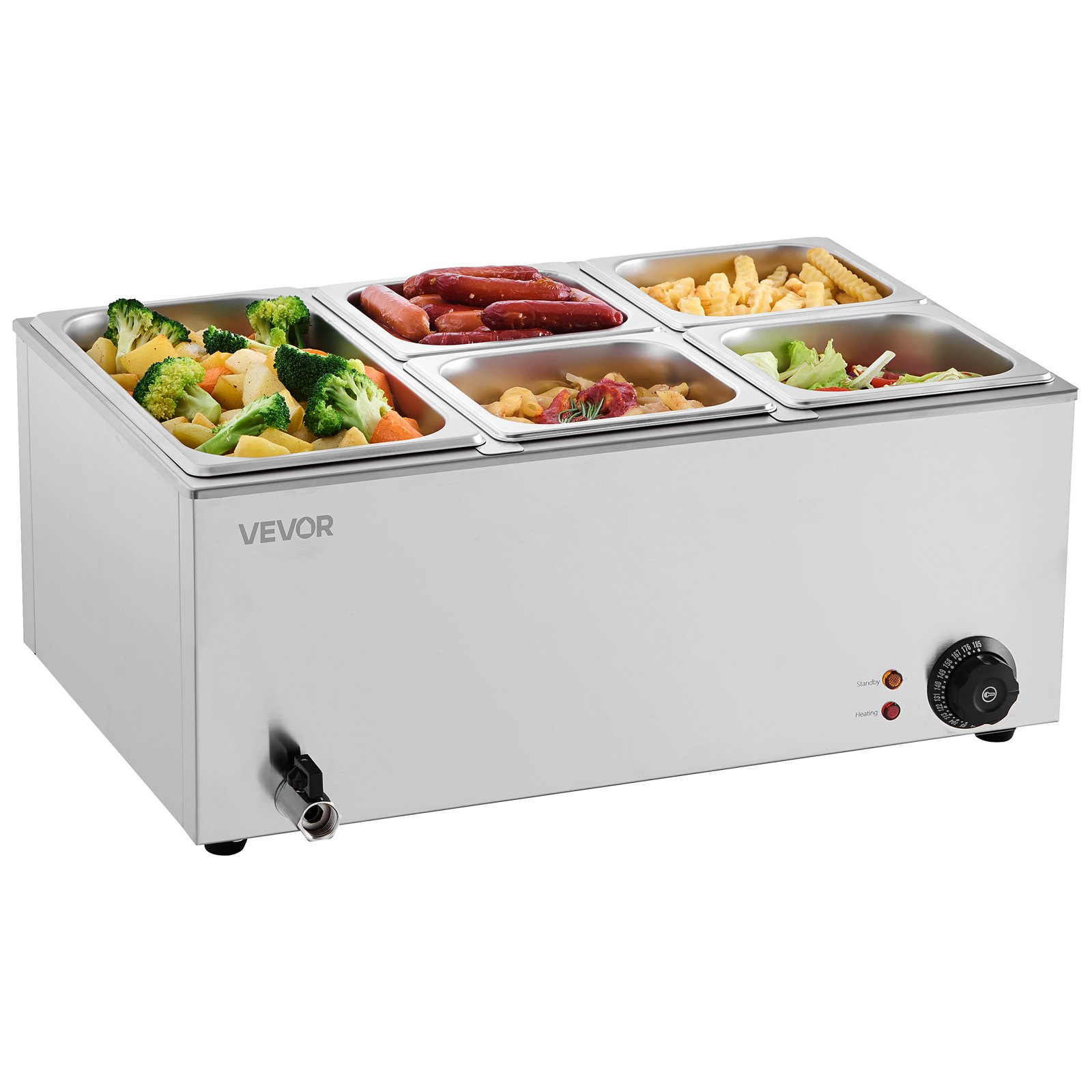 VEVOR kommerzieller Speisenwärmer, elektrischer Dampftisch mit 5 Behältern (1 x 1/3-Größe + 1 x 1/6 -Größe) 1200 W, Buffet-Wasserbad mit Temperaturregelung von 30–80 °C für Buffets Partys
