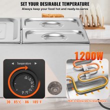 VEVOR kommerzieller Speisenwärmer, elektrischer Dampftisch mit 3 Behältern (1 x 1/2-Größe / 2 x 1/4-Größe) 1200 W, Buffet-Wasserbad aus Edelstahl mit Temperaturregelung von 30–80 °C Partys