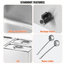 VEVOR kommerzieller Speisenwärmer, elektrischer Dampftisch mit 3 Behältern (1 x 1/2-Größe / 2 x 1/4-Größe) 1200 W, Buffet-Wasserbad aus Edelstahl mit Temperaturregelung von 30–80 °C Partys