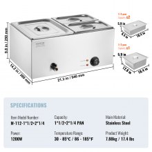 VEVOR kommerzieller Speisenwärmer, elektrischer Dampftisch mit 3 Behältern (1 x 1/2-Größe / 2 x 1/4-Größe) 1200 W, Buffet-Wasserbad aus Edelstahl mit Temperaturregelung von 30–80 °C Partys