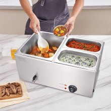 VEVOR kommerzieller Speisenwärmer, elektrischer Dampftisch mit 3 Behältern (1 x 1/2-Größe / 2 x 1/4-Größe) 1200 W, Buffet-Wasserbad aus Edelstahl mit Temperaturregelung von 30–80 °C Partys