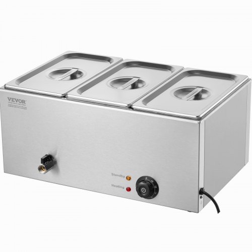 VEVOR Speisenwärmer 16,5 L – 1200W, 3x 1/3 GN-Behälter, 30-85°C, Edelstahl, Mit Trockenschutz – Für Buffet, Catering & Partys
