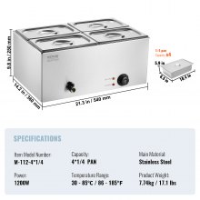 VEVOR Speisenwärmer Chafing Dish Gastronormbehälter 15L 4x1/4 Größe 1200W