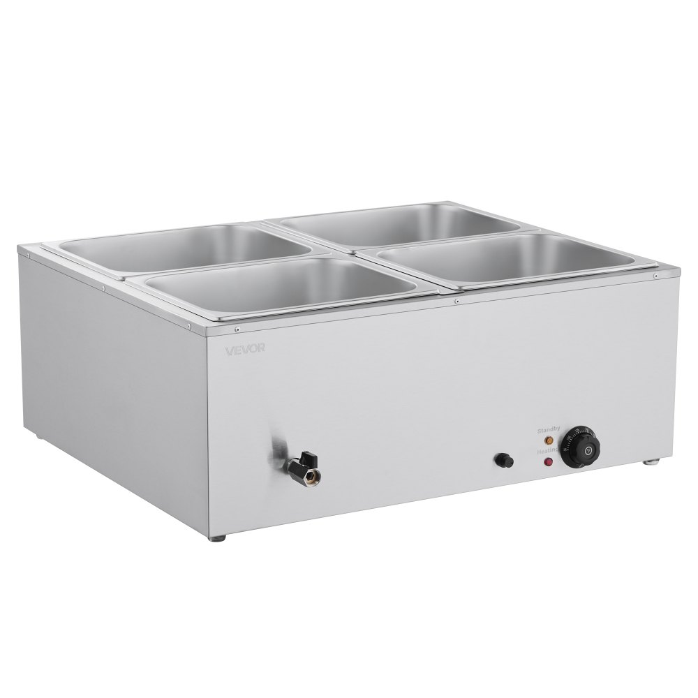 VEVOR kommerzieller Speisenwärmer (4 x 1/2 Größe Behälter), 1,5 kW elektrischer Wärmebehälter aus Edelstahl mit Abdeckung & Suppenkelle, Chafing Dishes für Catering Restaurant Party