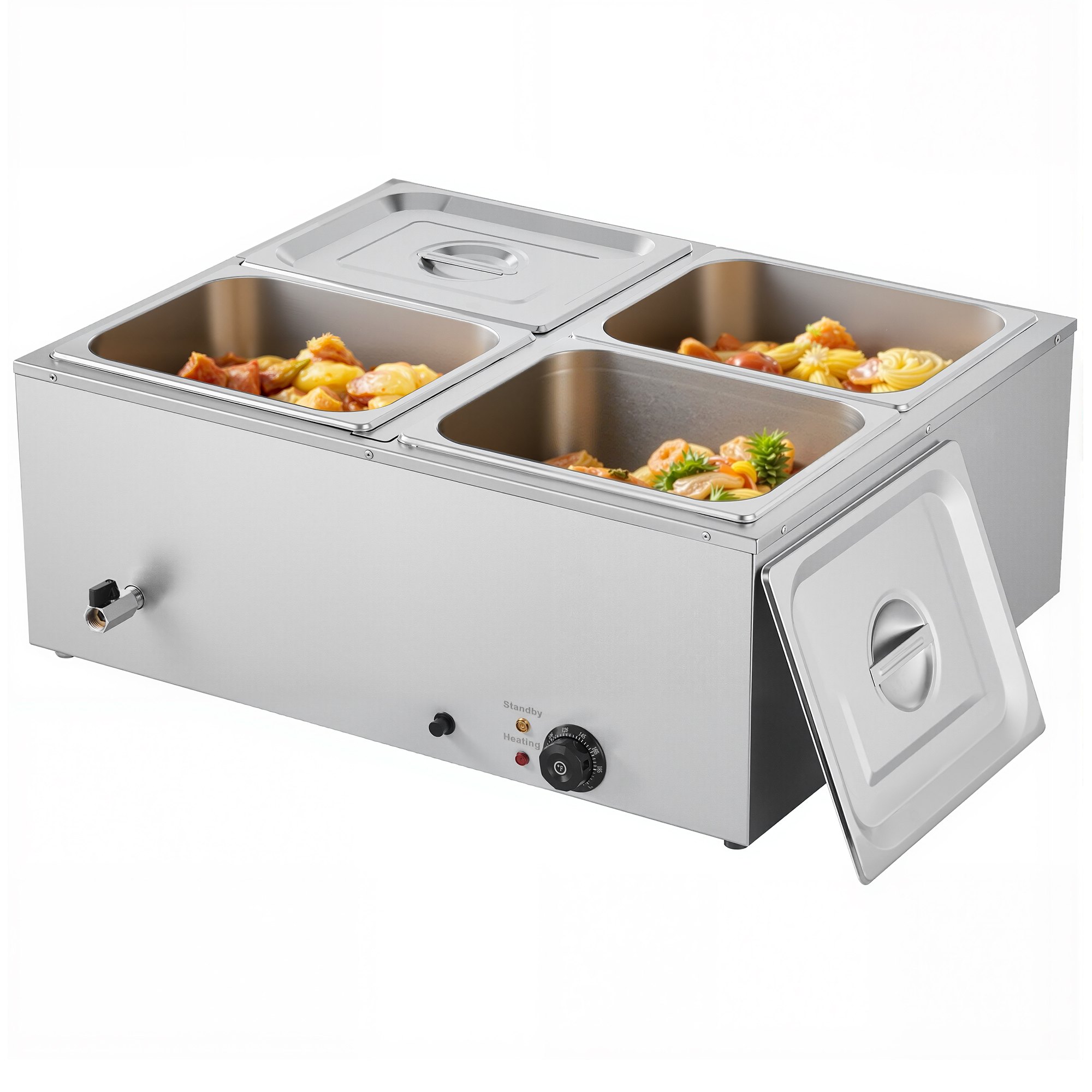 VEVOR kommerzieller Speisenwärmer (4 x 1/2 Größe Behälter), 1,5 kW elektrischer Wärmebehälter aus Edelstahl mit Abdeckung & Suppenkelle, Chafing Dishes für Catering Restaurant Party