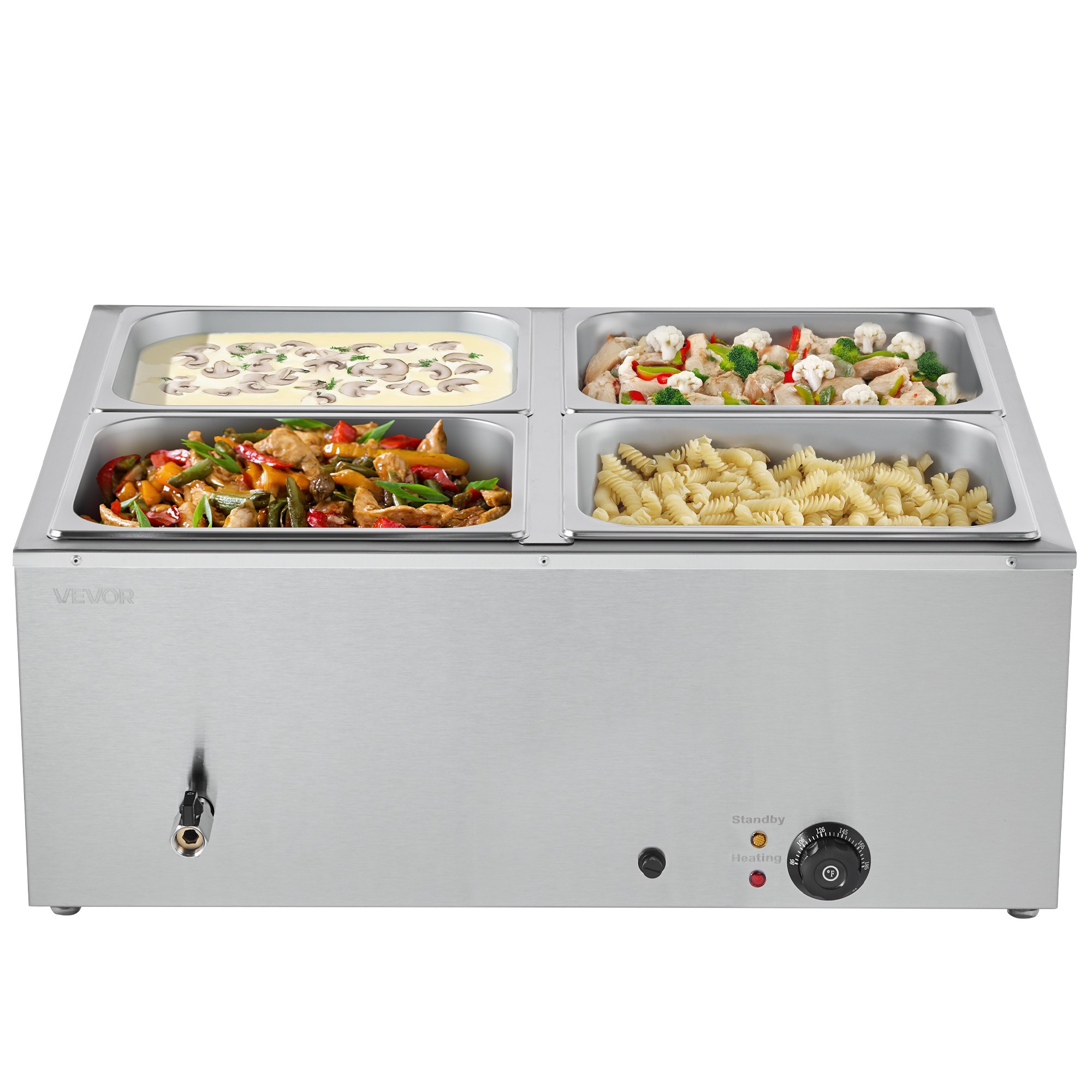 VEVOR kommerzieller Speisenwärmer (4 x 1/2 Größe Behälter), 1,5 kW elektrischer Wärmebehälter aus Edelstahl mit Abdeckung & Suppenkelle, Chafing Dishes für Catering Restaurant Party