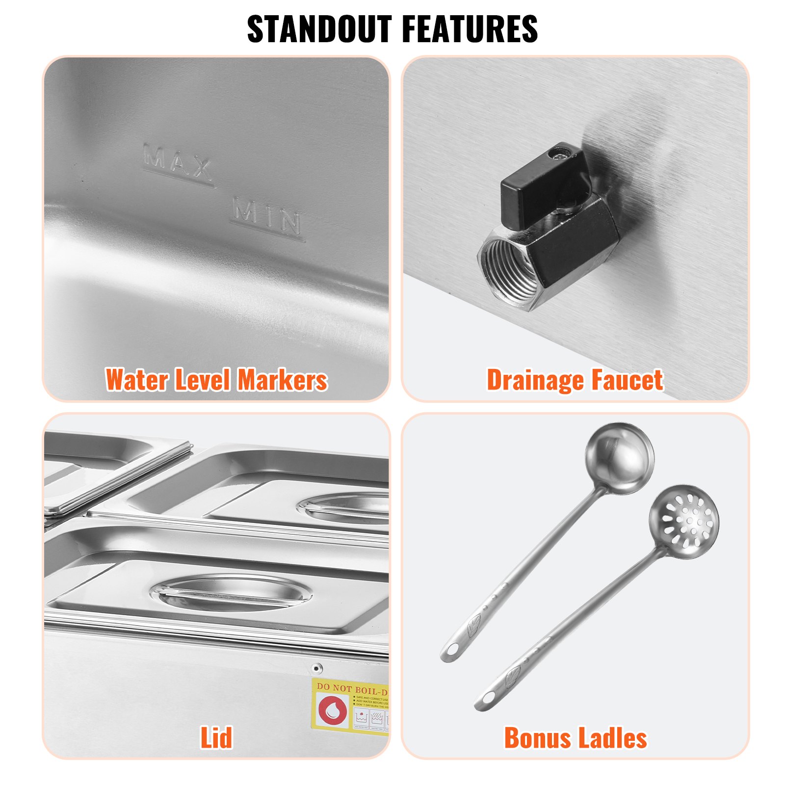 VEVOR kommerzieller Speisenwärmer 4 x 8 Qt Behälter elektrischer Dampftisch, 1500 W professionelles Buffet-Wasserbad aus Edelstahl für die Arbeitsplatte mit Temperaturregelung von 30 bis 80 °C Silber