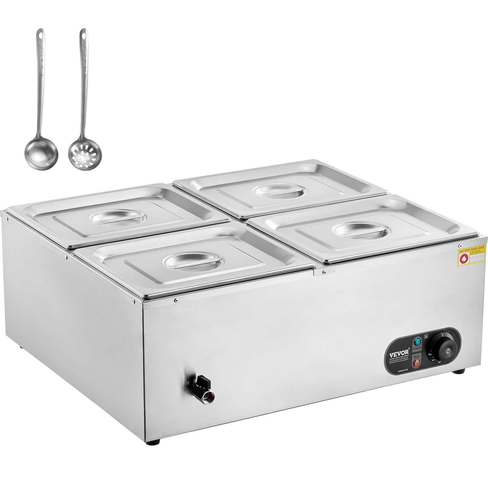 VEVOR kommerzieller Speisenwärmer 4 x 8 Qt Behälter elektrischer Dampftisch, 1500 W professionelles Buffet-Wasserbad aus Edelstahl für die Arbeitsplatte mit Temperaturregelung von 30 bis 80 °C Silber