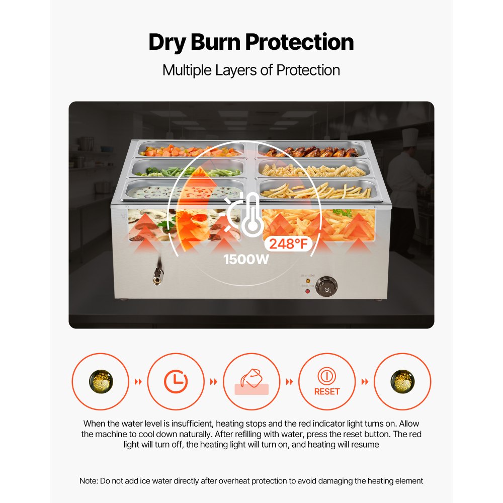 VEVOR Commercial Food Warmer, 1500W Electric Stainless Steel Steam Food Warmer with Lid, 6-Pan Fast Heating Countertop Buffet Bain Marie with Soup & Perforated Ladles, for Catering, Restaurant, Party