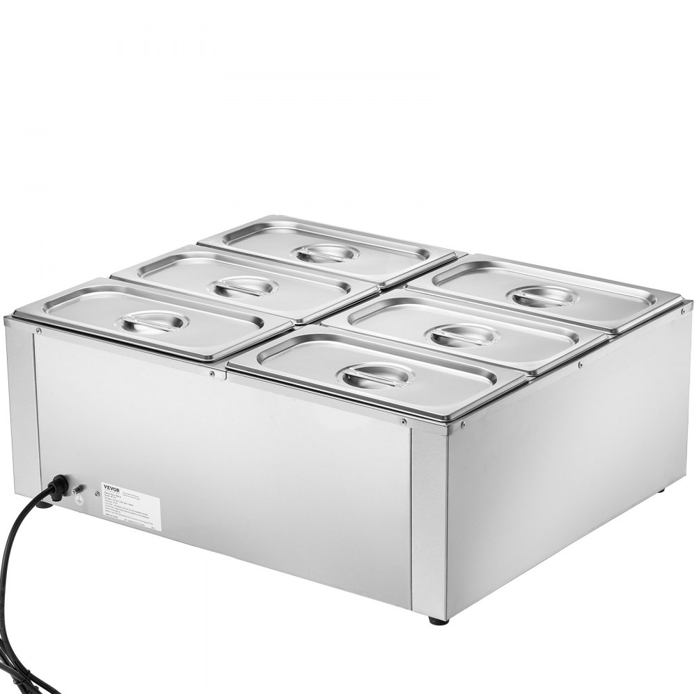 VEVOR kommerzieller Speisenwärmer 6 x 5 Qt Speisebehälter (1/3 Größe), elektrische Warmhalteplatte, 1500 W professionelles Buffet-Set aus Edelstahl, Buffet-Bain-Marie, 30–85 °C Temperaturregelung