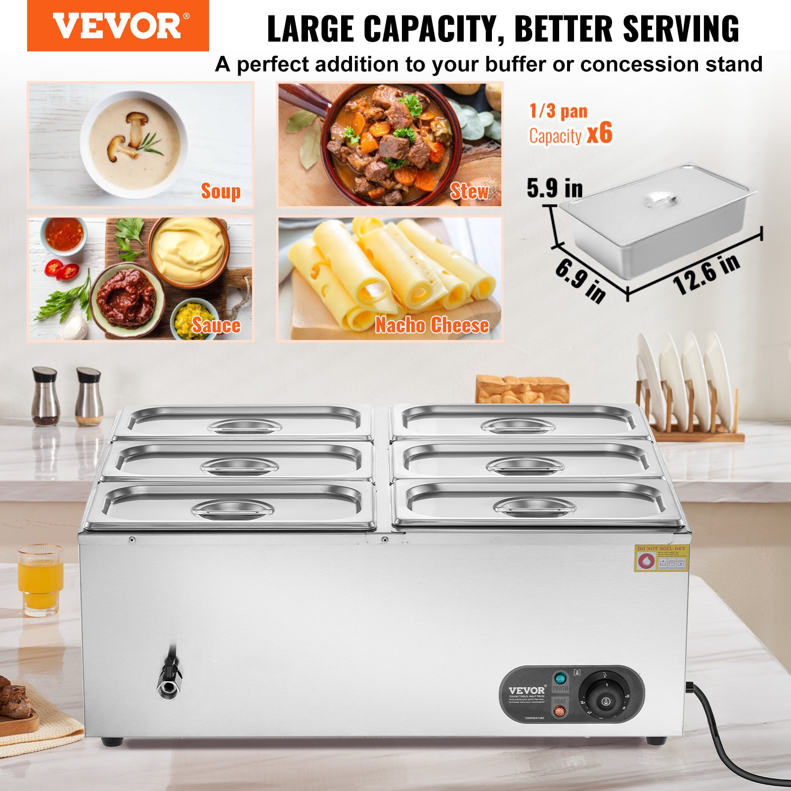 VEVOR kommerzieller Speisenwärmer 6 x 5 Qt Speisebehälter (1/3 Größe), elektrische Warmhalteplatte, 1500 W professionelles Buffet-Set aus Edelstahl, Buffet-Bain-Marie, 30–85 °C Temperaturregelung