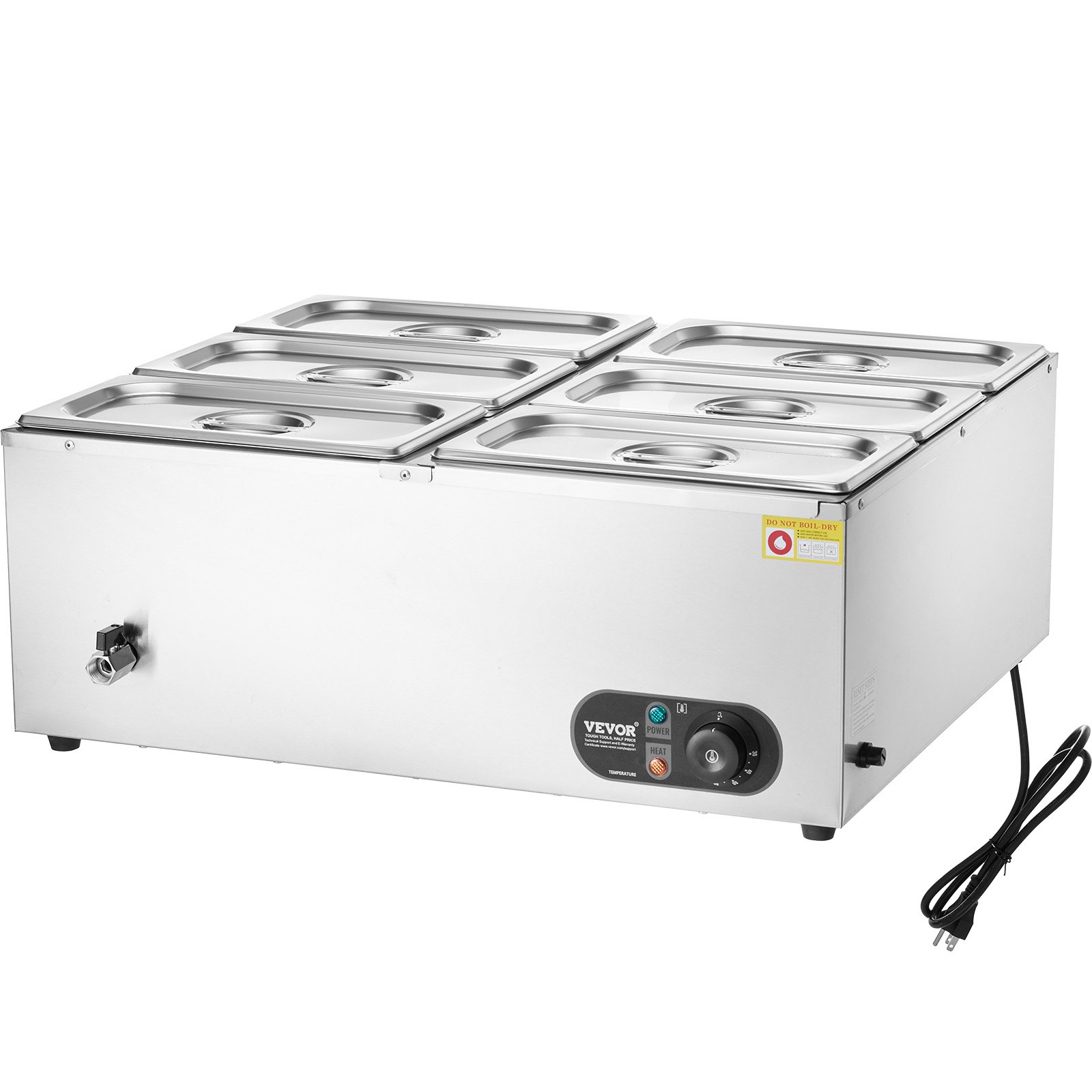 VEVOR kommerzieller Speisenwärmer 6 x 5 Qt Speisebehälter (1/3 Größe), elektrische Warmhalteplatte, 1500 W professionelles Buffet-Set aus Edelstahl, Buffet-Bain-Marie, 30–85 °C Temperaturregelung