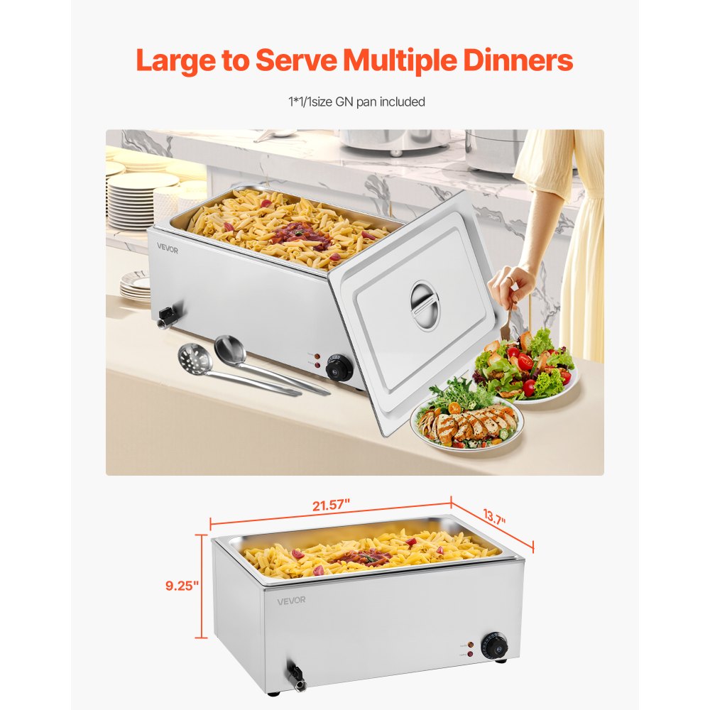 VEVOR kommerzieller Speisenwärmer, elektrischer Dampftisch in voller Größe 1200 W, professionelles Buffet-Wasserbad aus Edelstahl mit Temperaturregelung von 30–80 °C für Catering Buffets