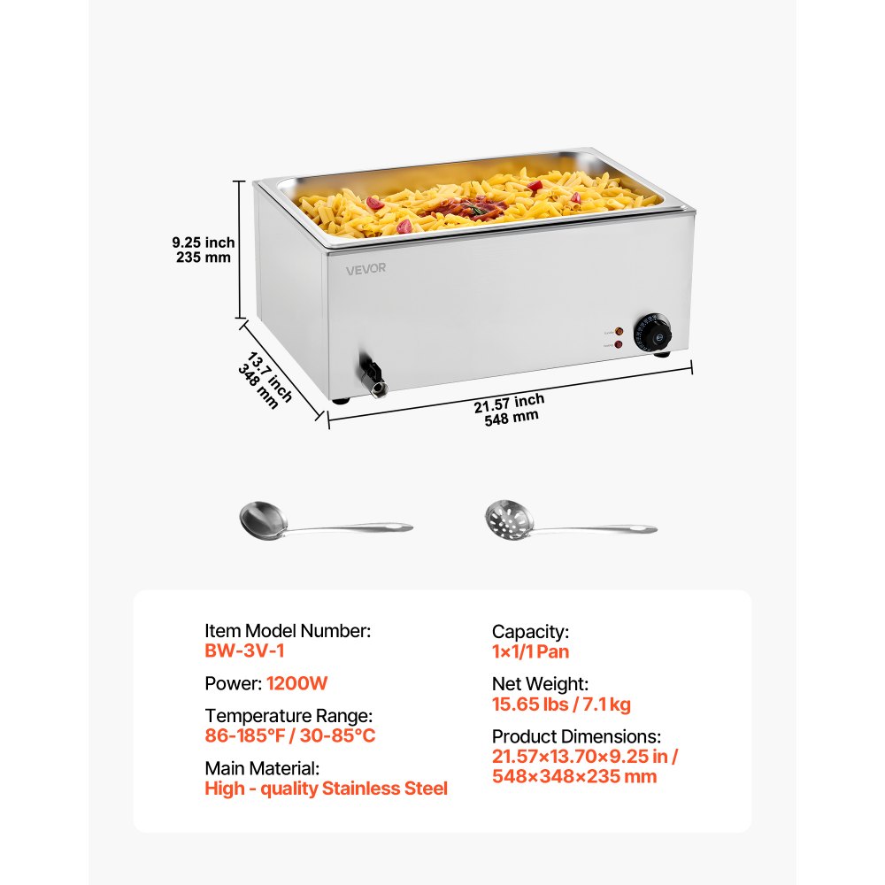 VEVOR kommerzieller Speisenwärmer, elektrischer Dampftisch in voller Größe 1200 W, professionelles Buffet-Wasserbad aus Edelstahl mit Temperaturregelung von 30–80 °C für Catering Buffets