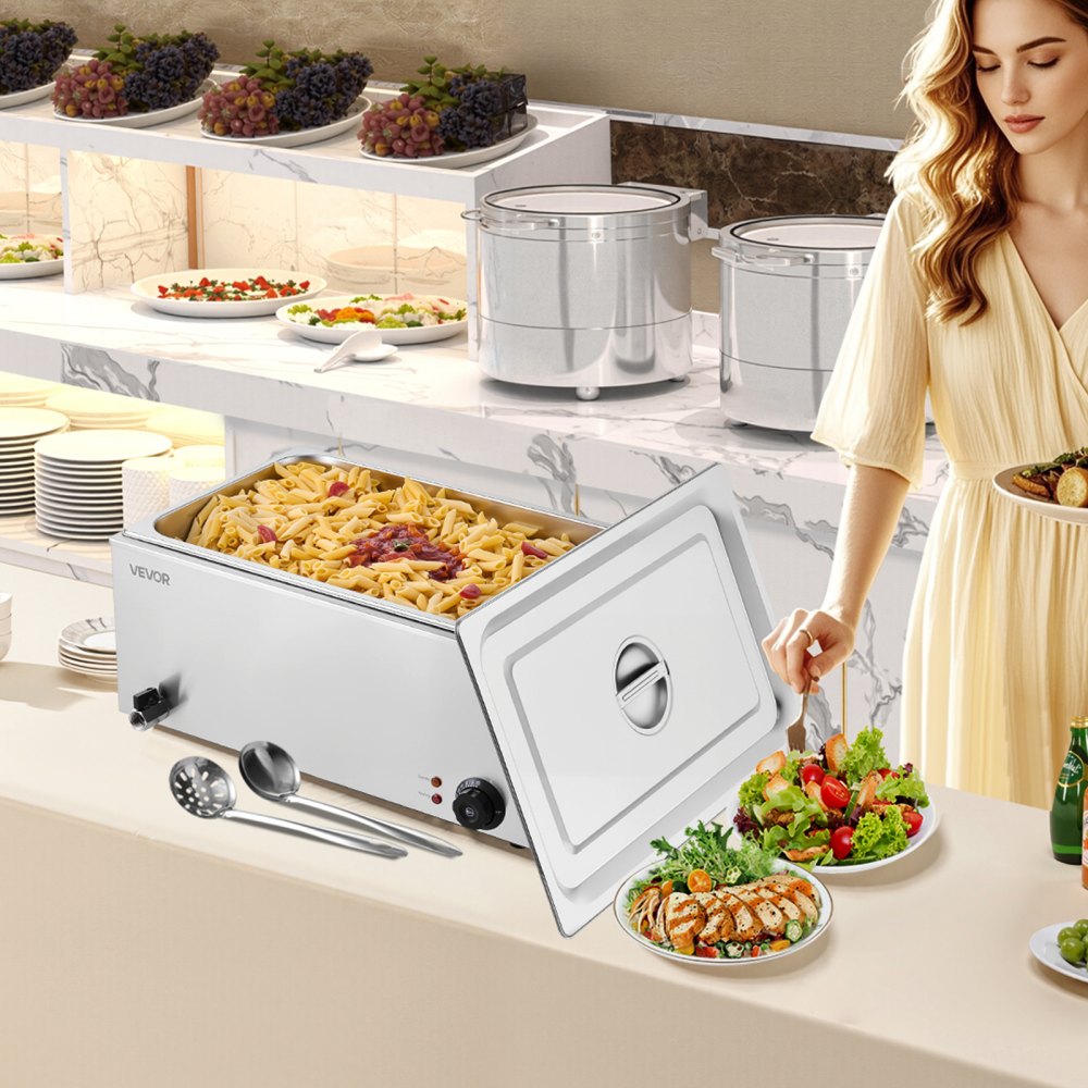 VEVOR kommerzieller Speisenwärmer, elektrischer Dampftisch in voller Größe 1200 W, professionelles Buffet-Wasserbad aus Edelstahl mit Temperaturregelung von 30–80 °C für Catering Buffets