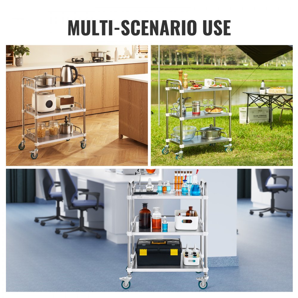 VEVOR Laboratory Trolley, Stainless Steel Trolley with 3 Shelves, Laboratory Serving Trolley with Swivel Casters, Dental Serving Trolley for Clinic, Laboratory, Hospital, Salon, 670 x 395 x 867 mm