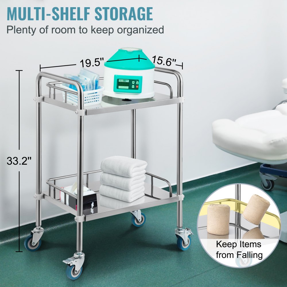 VEVOR Servierwagen Edelstahl Rollwagen Laborwagen 2 Böden Tragbar Abräumwagen Medical Dental Lab Cart Transportwagen Rollwagen Medizinisch