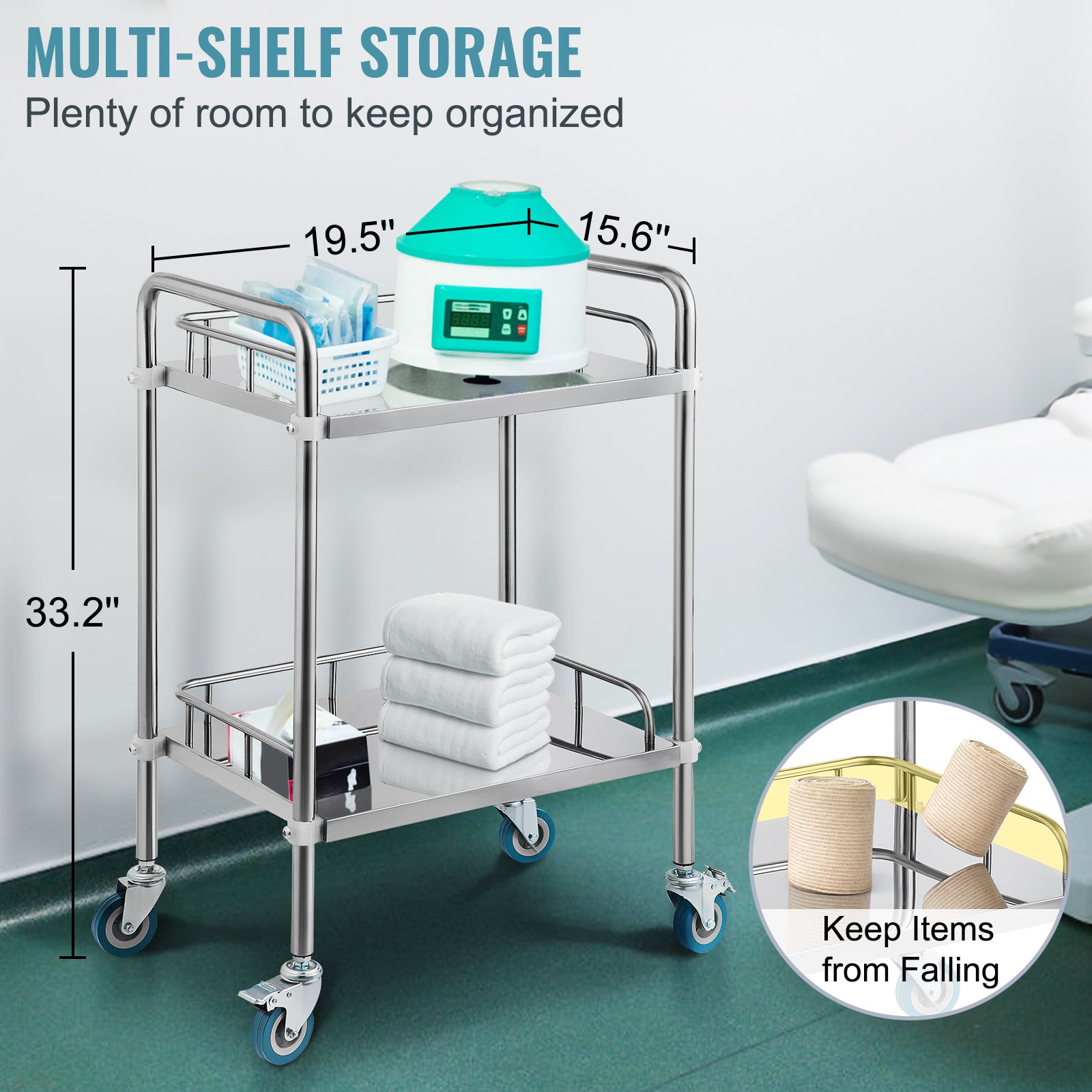 VEVOR Servierwagen Edelstahl Rollwagen Laborwagen 2 Böden Tragbar Abräumwagen Medical Dental Lab Cart Transportwagen Rollwagen Medizinisch