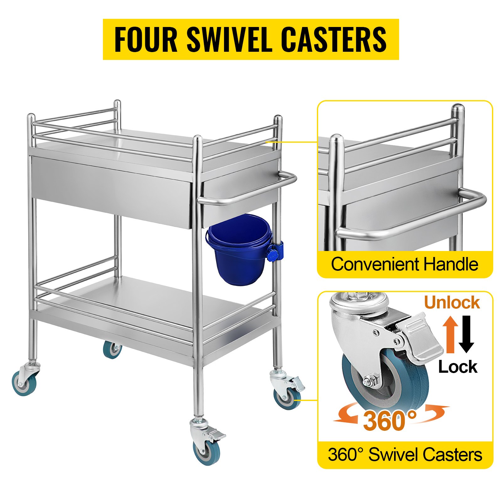 VEVOR Edelstahl Servierwagen 2 Böden mit 2 Schubladen Servierwagen Laborwagen Tragbar Abräumwagen Medizinischer Dental-Laborwagen Transportwagen