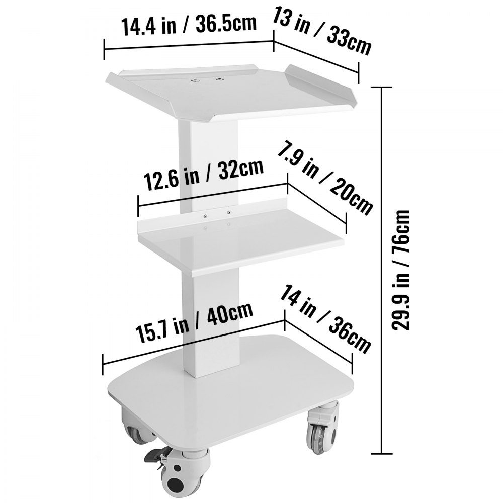 VEVOR Laborwagen 3 Böden Weiß Servierwagen Stahlplatte Servierwagen Tragbar Abräumwagen medizinischer Dental-Laborwagen Transportwagen Rollwagen