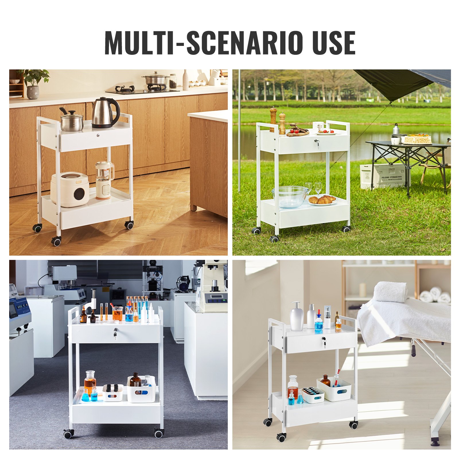 VEVOR Laborwagen, 2-stöckiger Allzweckwagen aus Edelstahl, Medizinwagen mit 2 Schubladen, Rollbarer Laborwagen, Weiß Servierwagen mit Lenkrollen für Labor, Krankenhaus, Zahnarztpraxis, Salon usw.