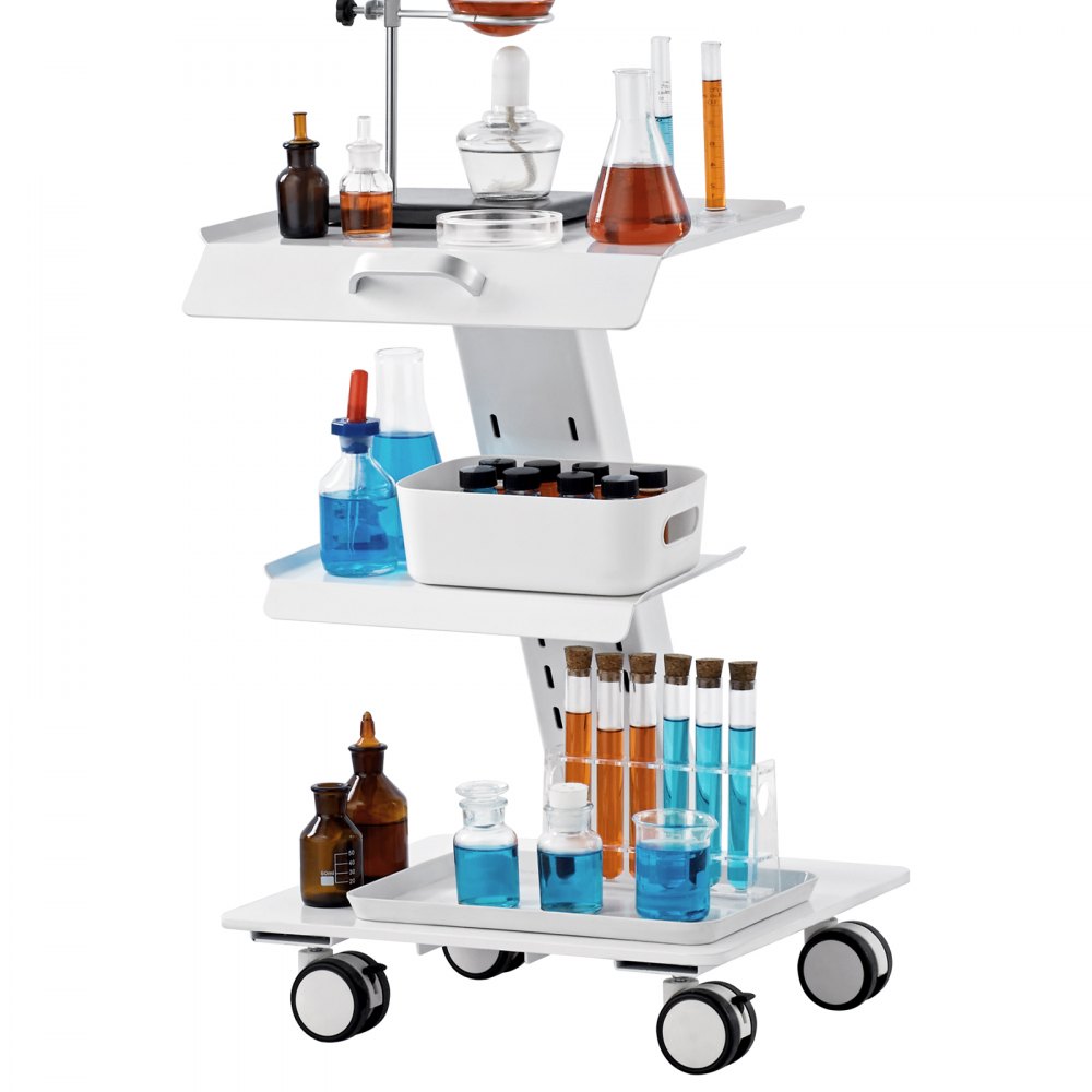 VEVOR Laboratory Trolley, 3-Tier Laboratory Trolley with Wheels, Mobile Metal Trolley with Swivel Casters, Serving Trolley, Clinic Trolley with Tray and 100 kg Load Capacity, for Laboratory, Clinic, Beauty Salon