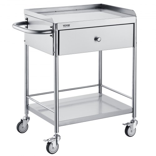 VEVOR Zweistöckiger Laborwagen Gerätewagen Medizintechnik Servierwagen 201 Edelstahl Tragbar Abräumwagen mit Schubladen 100 kg Tragfähigkeit, 710 x 421 x 785 mm Labor Rollwagen Medical Trolley Silber