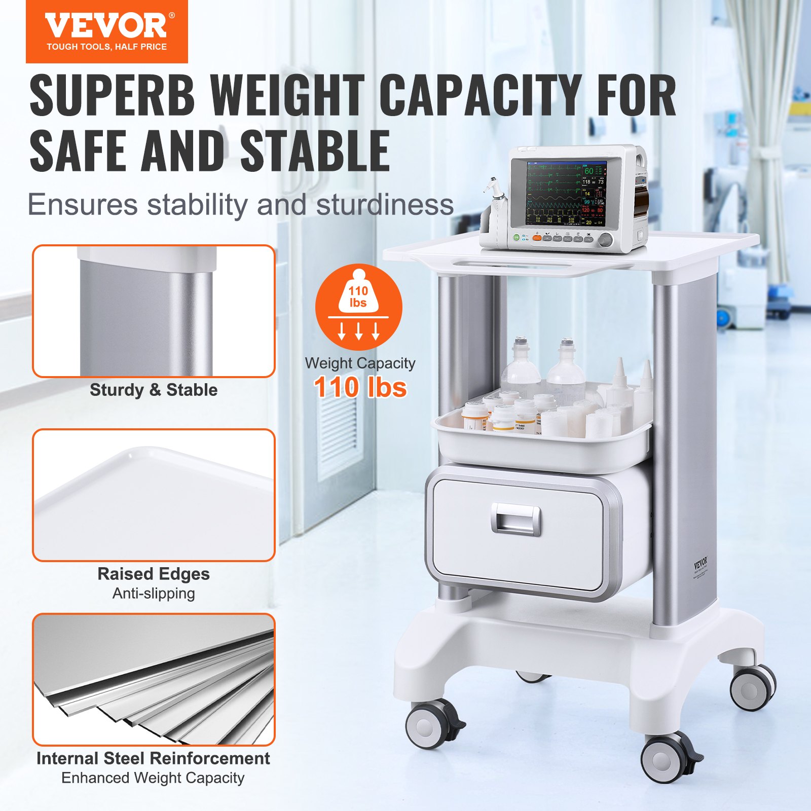 VEVOR Laborwagen mit 2 Ebenen, Laborwagen mit 1 Schublade und 1 oberem Tablett, mobiler medizinischer Wagen aus ABS-Material, Laborrollwagen mit 4 leisen Rädern für Labor, Klinik, Krankenhaus, Salon, weiß