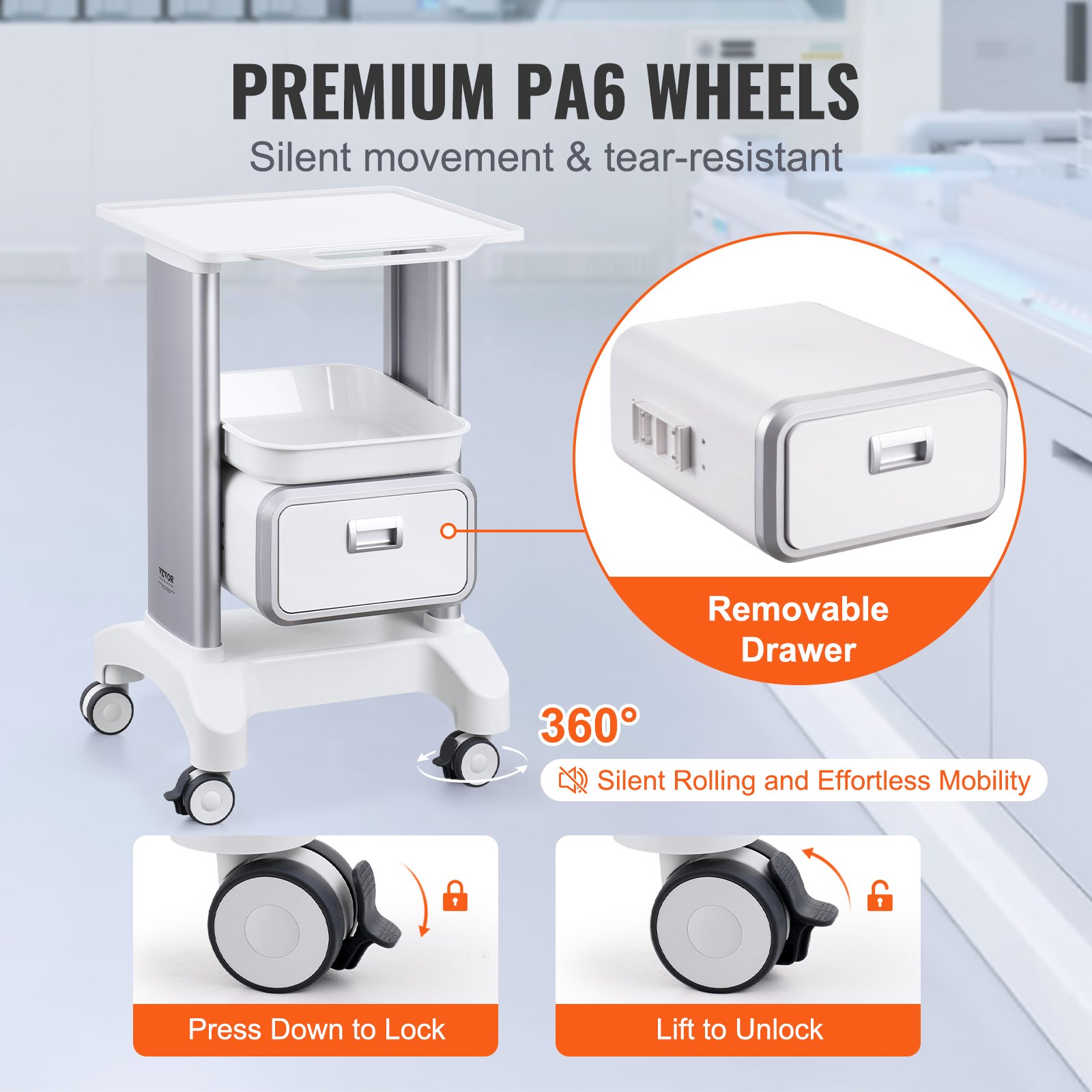 VEVOR Laborwagen mit 2 Ebenen, Laborwagen mit 1 Schublade und 1 oberem Tablett, mobiler medizinischer Wagen aus ABS-Material, Laborrollwagen mit 4 leisen Rädern für Labor, Klinik, Krankenhaus, Salon, weiß
