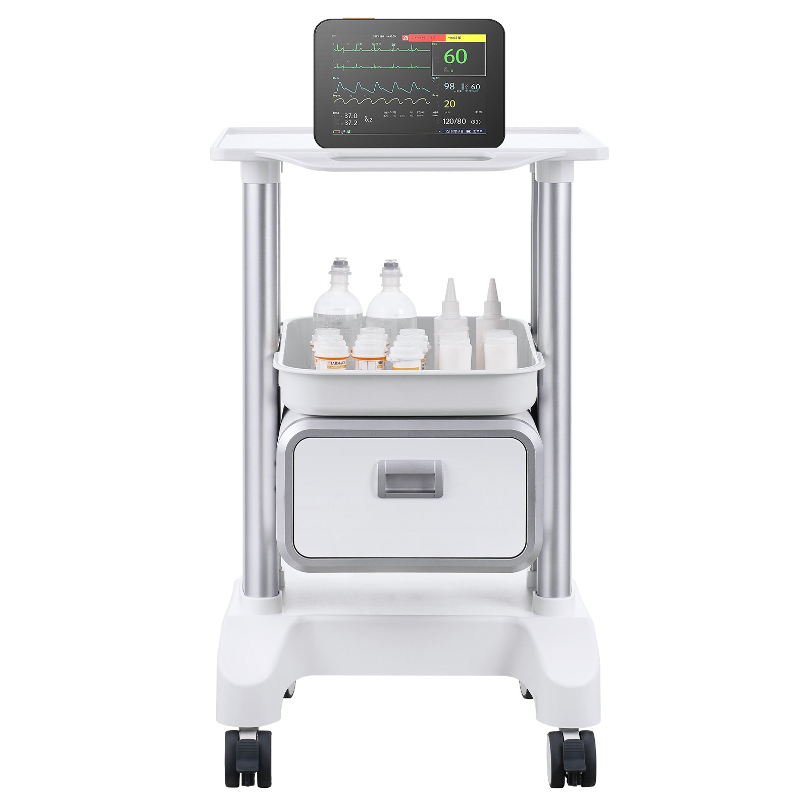 VEVOR Laborwagen mit 2 Ebenen, Laborwagen mit 1 Schublade und 1 oberem Tablett, mobiler medizinischer Wagen aus ABS-Material, Laborrollwagen mit 4 leisen Rädern für Labor, Klinik, Krankenhaus, Salon, weiß