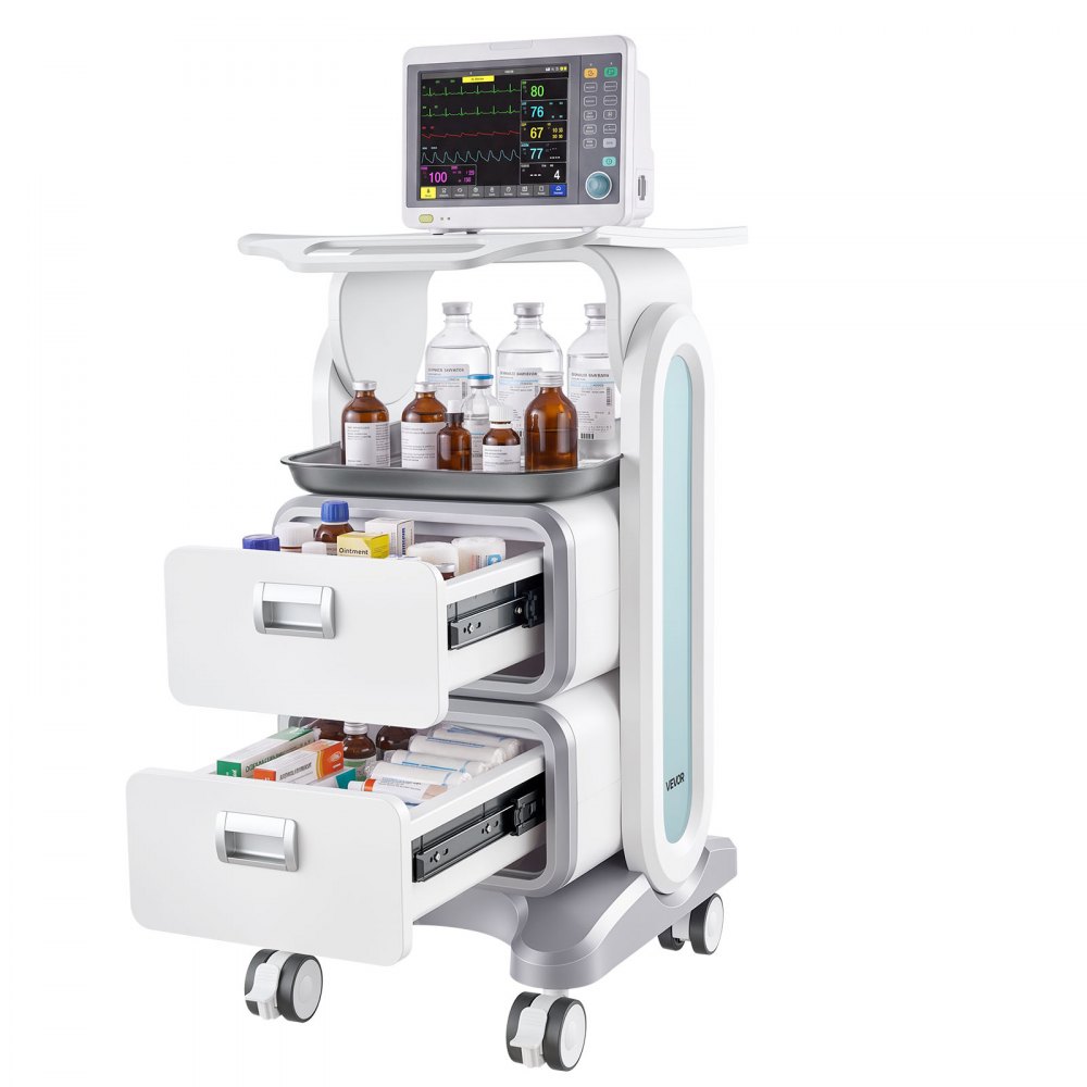 VEVOR Laborwagen mit 3 Ebenen, Laborwagen mit 2 Schubladen und 1 oberen Ablage, mobiler medizinischer Wagen aus ABS-Material, Laborrollwagen mit 4 leisen Rädern für Labor, Klinik, Krankenhaus, Salon, weiß