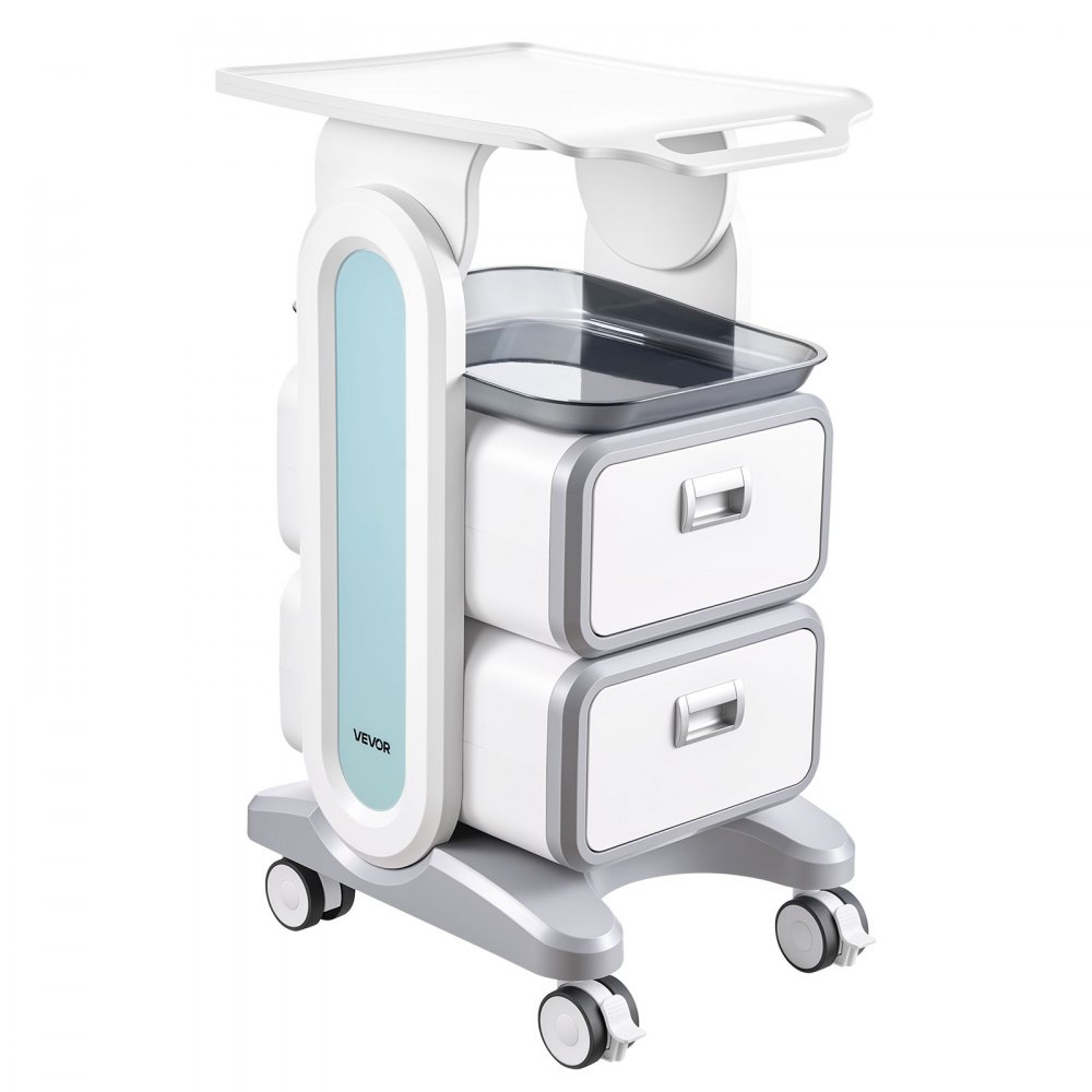 VEVOR Laborwagen mit 3 Ebenen, Laborwagen mit 2 Schubladen und 1 oberen Ablage, mobiler medizinischer Wagen aus ABS-Material, Laborrollwagen mit 4 leisen Rädern für Labor, Klinik, Krankenhaus, Salon, weiß