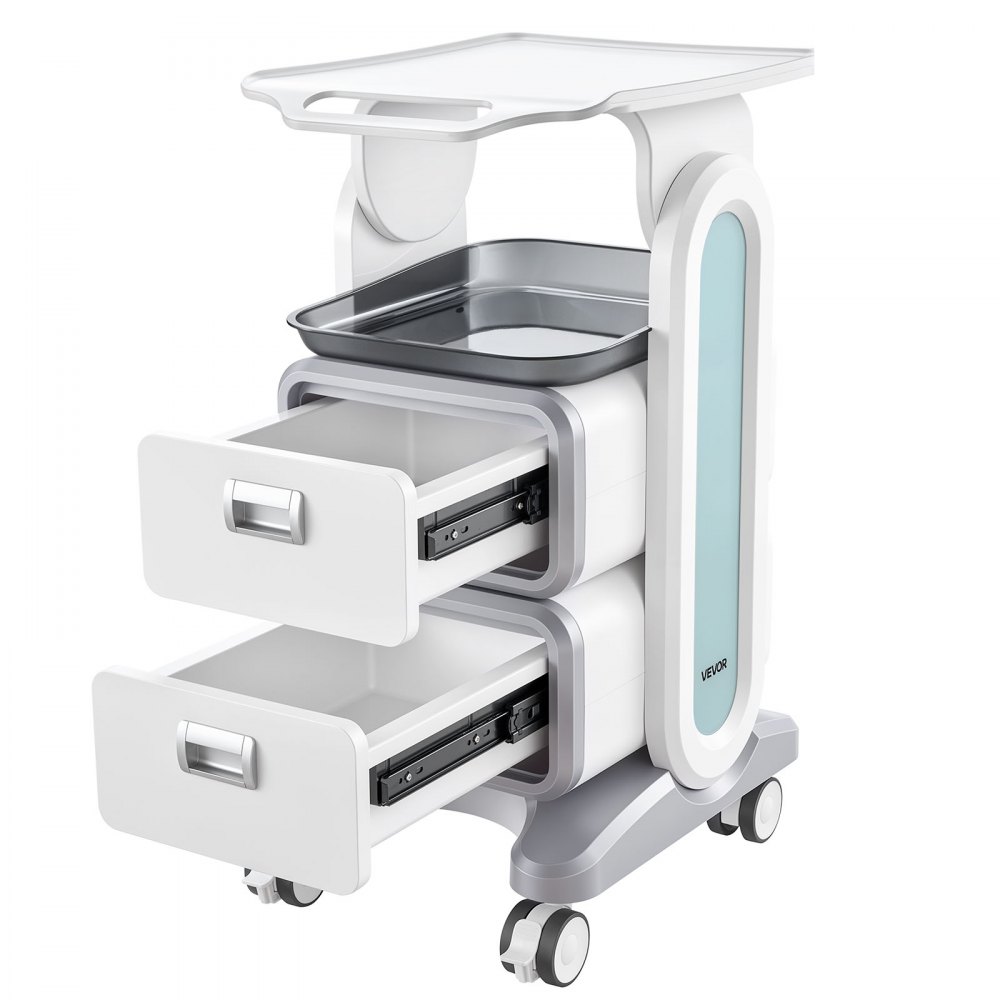 VEVOR Laborwagen mit 3 Ebenen, Laborwagen mit 2 Schubladen und 1 oberen Ablage, mobiler medizinischer Wagen aus ABS-Material, Laborrollwagen mit 4 leisen Rädern für Labor, Klinik, Krankenhaus, Salon, weiß