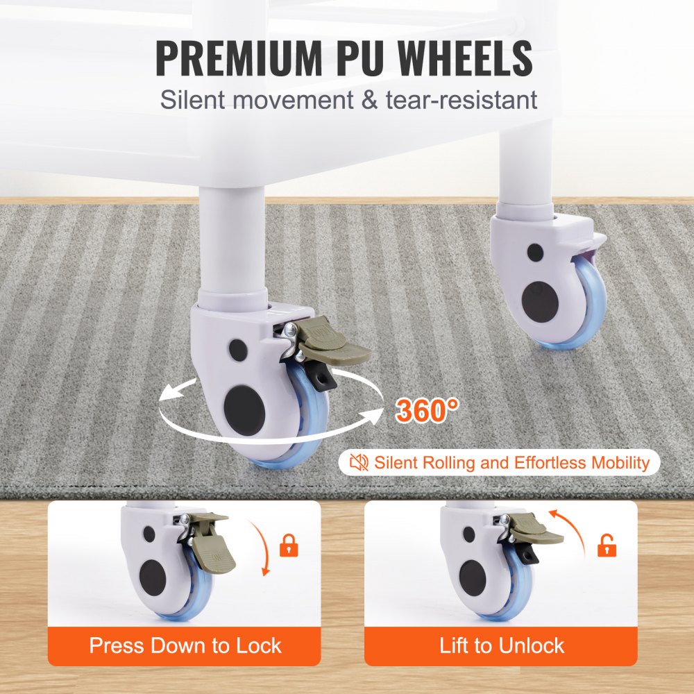 VEVOR Laborwagen mit 3 Ebenen, Laborwagen mit 3 Ablagen und 4 leisen Rädern, mobiler medizinischer Wagen aus PP-Material, Laborrollwagen mit 3 Mülleimern für Labor, Klinik, Krankenhaus, Salon, weiß