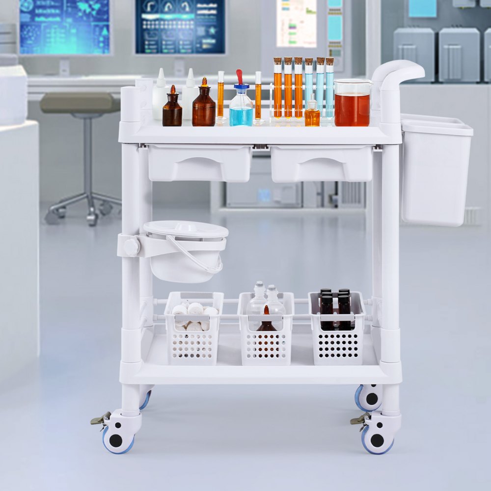 VEVOR Laborwagen mit 2 Ebenen, Laborwagen mit 2 Ablagen, 2 Schubladen und 4 leisen Rädern, mobiler medizinischer Wagen aus PP-Material, Laborrollwagen mit 3 Mülleimern für Labor, Klinik, Krankenhaus, Salon, weiß