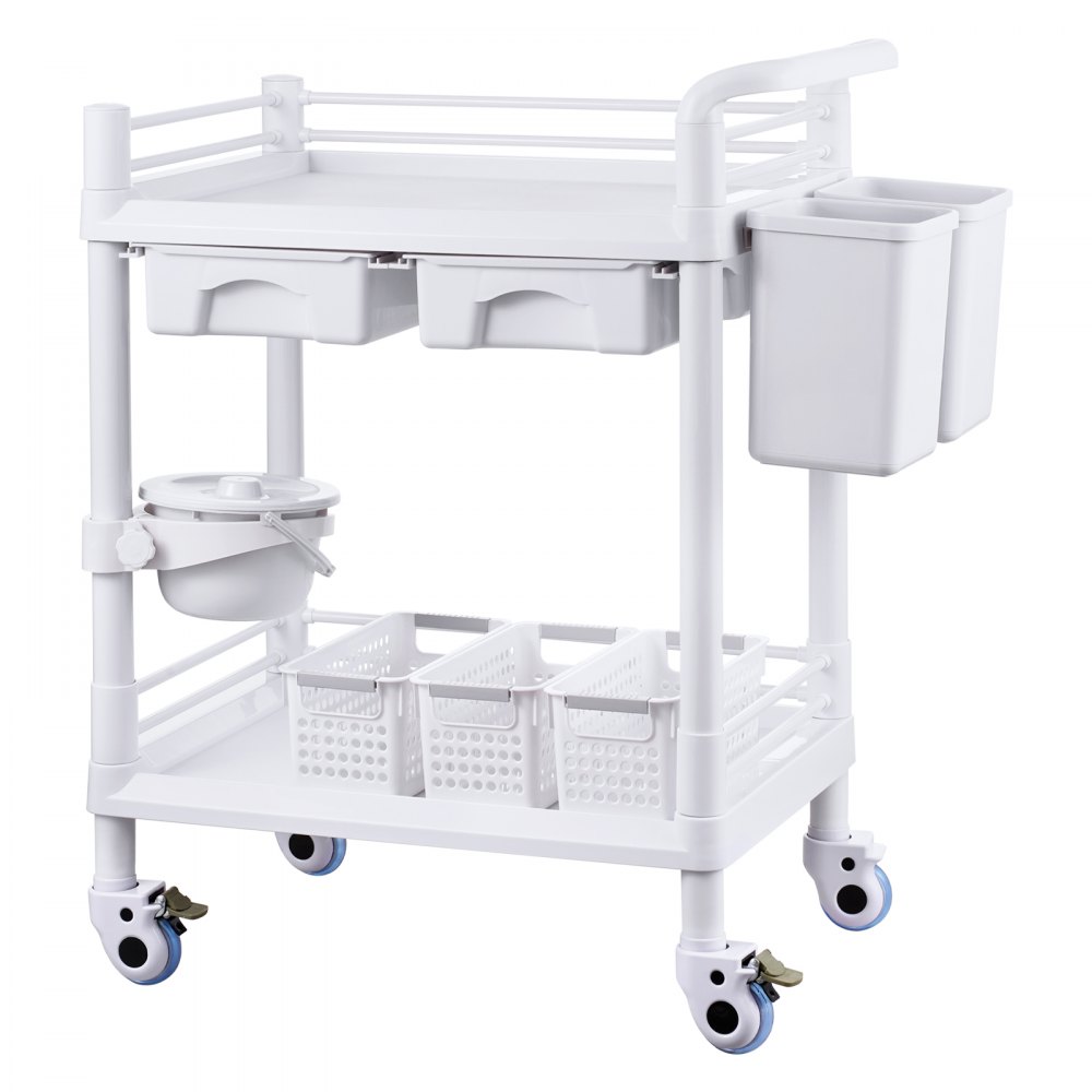VEVOR Laborwagen mit 2 Ebenen, Laborwagen mit 2 Ablagen, 2 Schubladen und 4 leisen Rädern, mobiler medizinischer Wagen aus PP-Material, Laborrollwagen mit 3 Mülleimern für Labor, Klinik, Krankenhaus, Salon, weiß