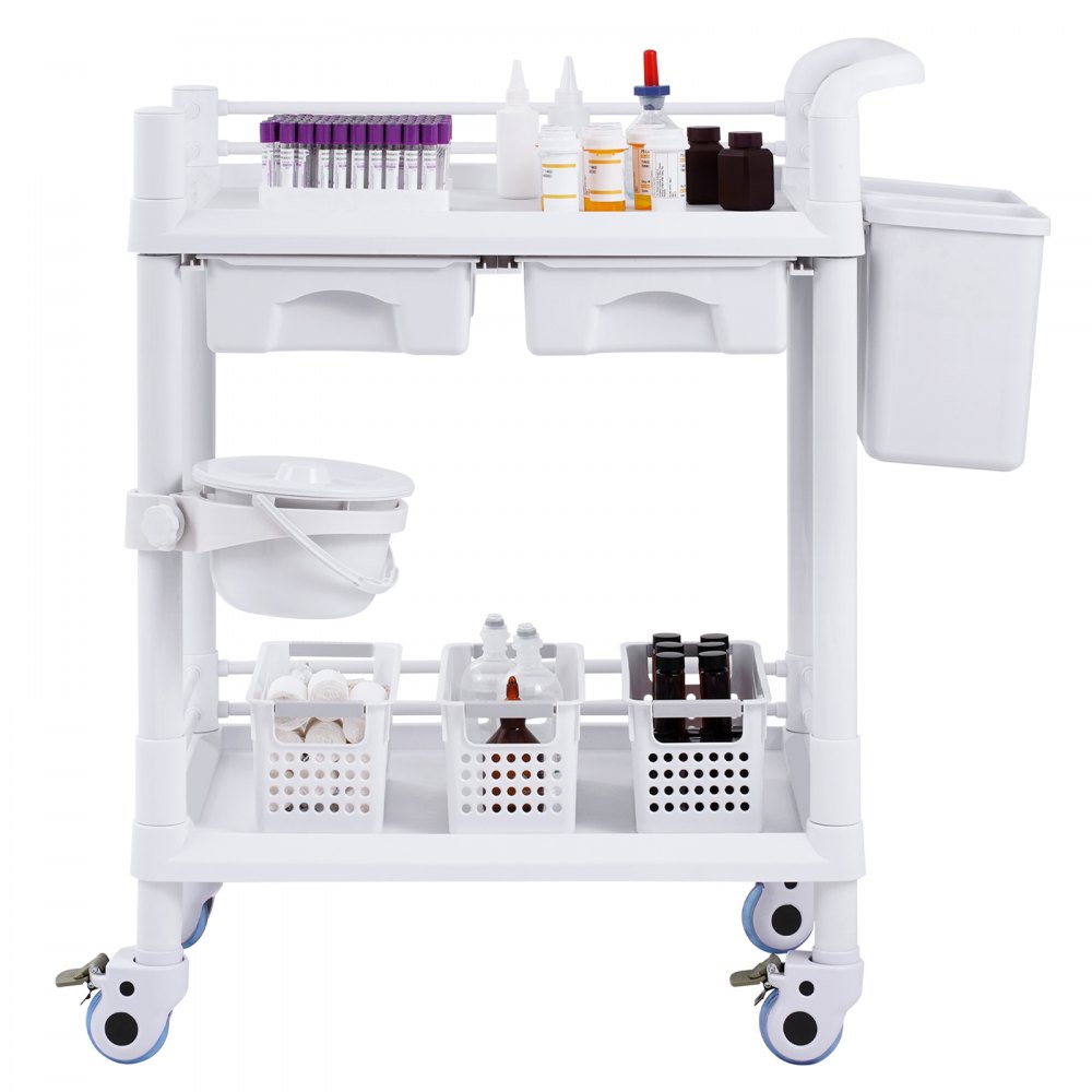 VEVOR Laborwagen mit 2 Ebenen, Laborwagen mit 2 Ablagen, 2 Schubladen und 4 leisen Rädern, mobiler medizinischer Wagen aus PP-Material, Laborrollwagen mit 3 Mülleimern für Labor, Klinik, Krankenhaus, Salon, weiß