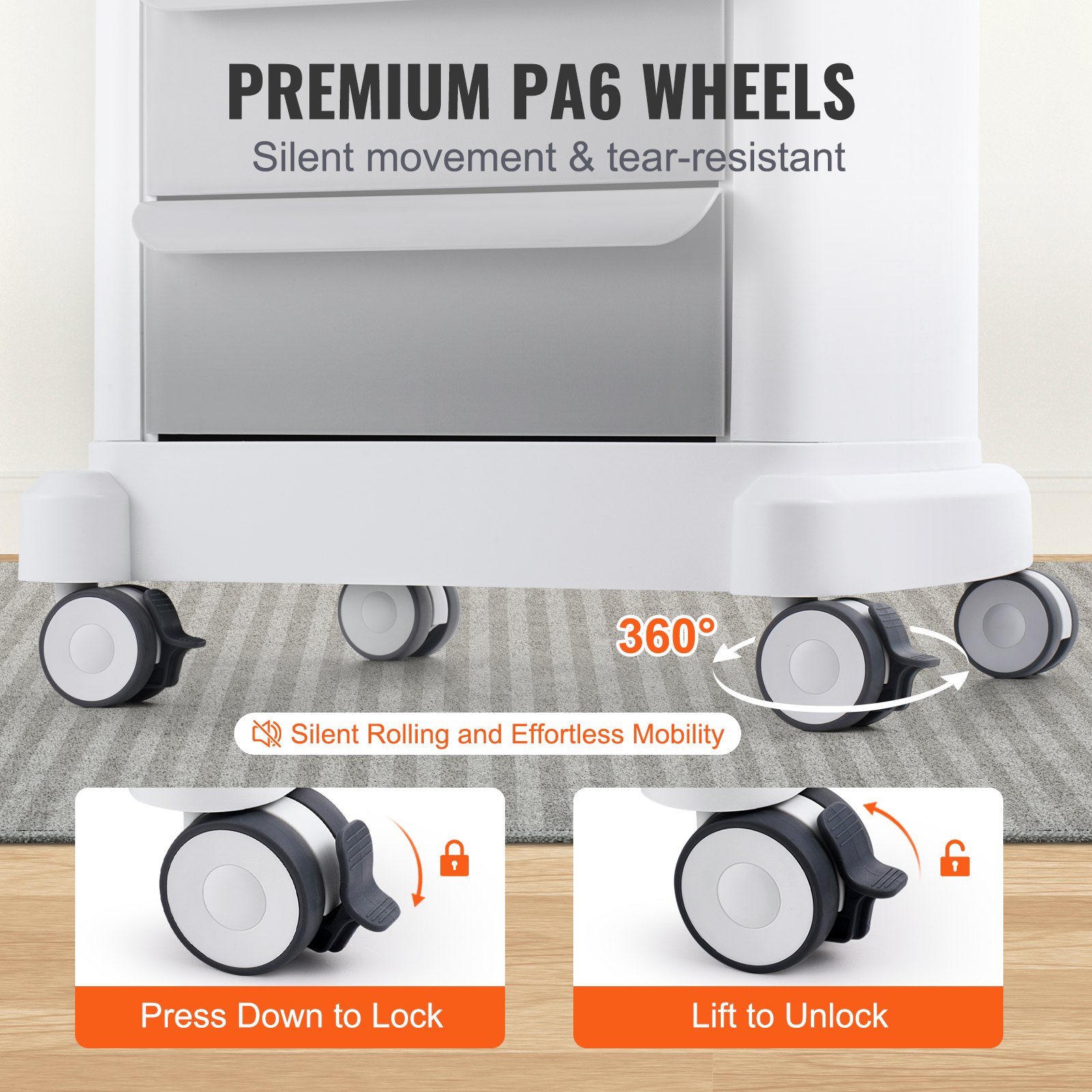 VEVOR 4-Tier Laboratory Trolley, 3 Drawers and 1 Top Shelf, Mobile Medical Trolley Made of ABS Material, Laboratory Trolley with 4 Quiet Wheels for Laboratory, Clinic, Hospital, Salon, White