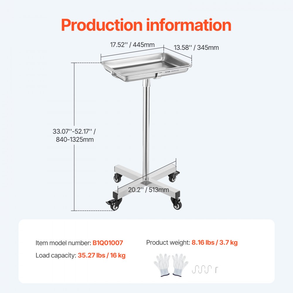 VEVOR Laborwagen Servierwagen Edelstahl mit abnehmbaren Tabletts aus Edelstahl Tragkraft bis 16 kg, einstellbare Höhe 64-101cm, medizinisches Tablett für Spa Salon Klinik Körperpflege Silber