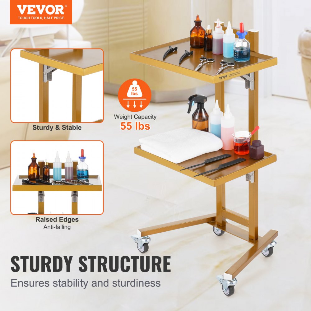 VEVOR Stainless Steel Laboratory Trolley with 2 Levels, Mobile Medical Trolley with 4 Quiet Wheels, Laboratory Cart for Laboratory, Clinic, Hospital, Salon, Golden