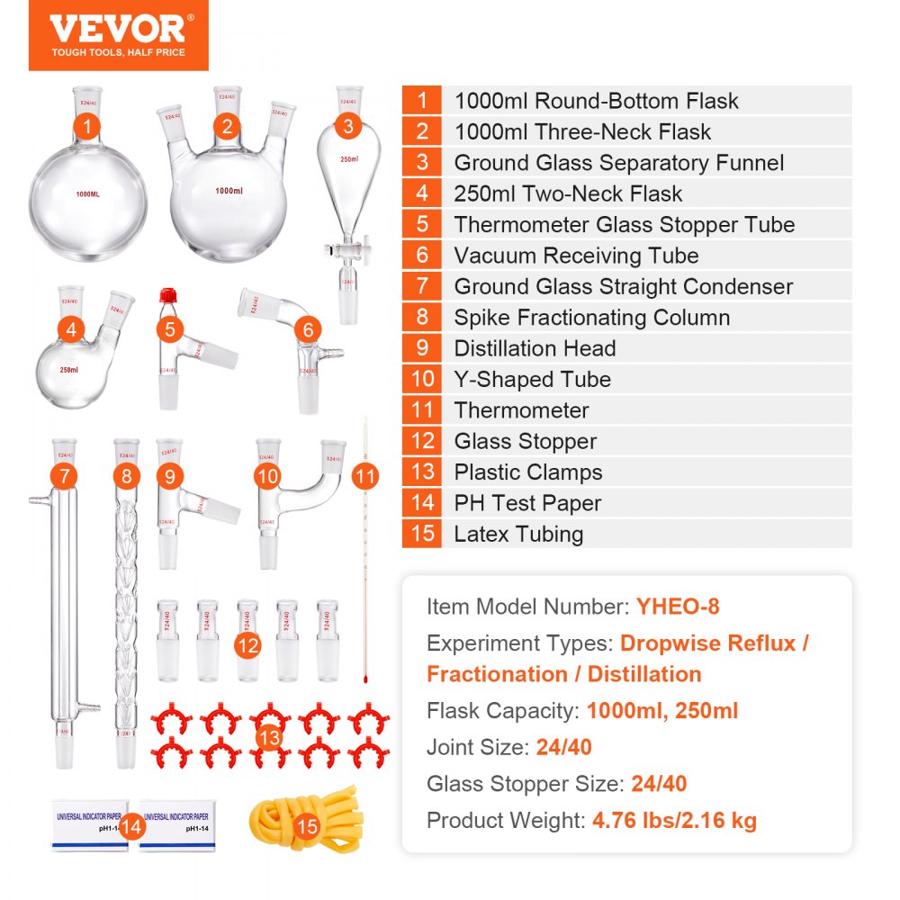 VEVOR Labor-Destillationsset, 3,3-Boro-Laborglas-Destillationsset mit 24- und 40-Verbindungen, 1000-ml-Destillationsgeräte-Set für Ätherische Öle, 29-teiliges Set mit Glaswaren