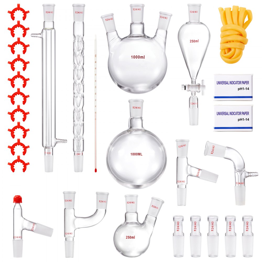 VEVOR Labor-Destillationsset, 3,3-Boro-Laborglas-Destillationsset mit 24- und 40-Verbindungen, 1000-ml-Destillationsgeräte-Set für Ätherische Öle, 29-teiliges Set mit Glaswaren
