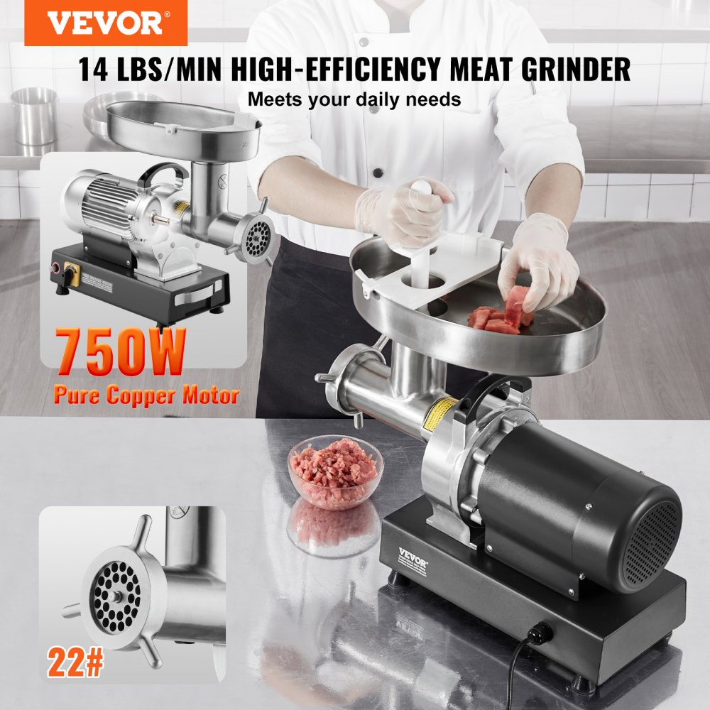 VEVOR kommerzieller elektrischer Fleischwolf Wurstmaschine 6,35 kg/Min. 750 W, industrieller Fleischwolf mit Klinge & Mahlplatte, multifunktionaler Fleischwolf aus Edelstahl für Küche & Restaurant