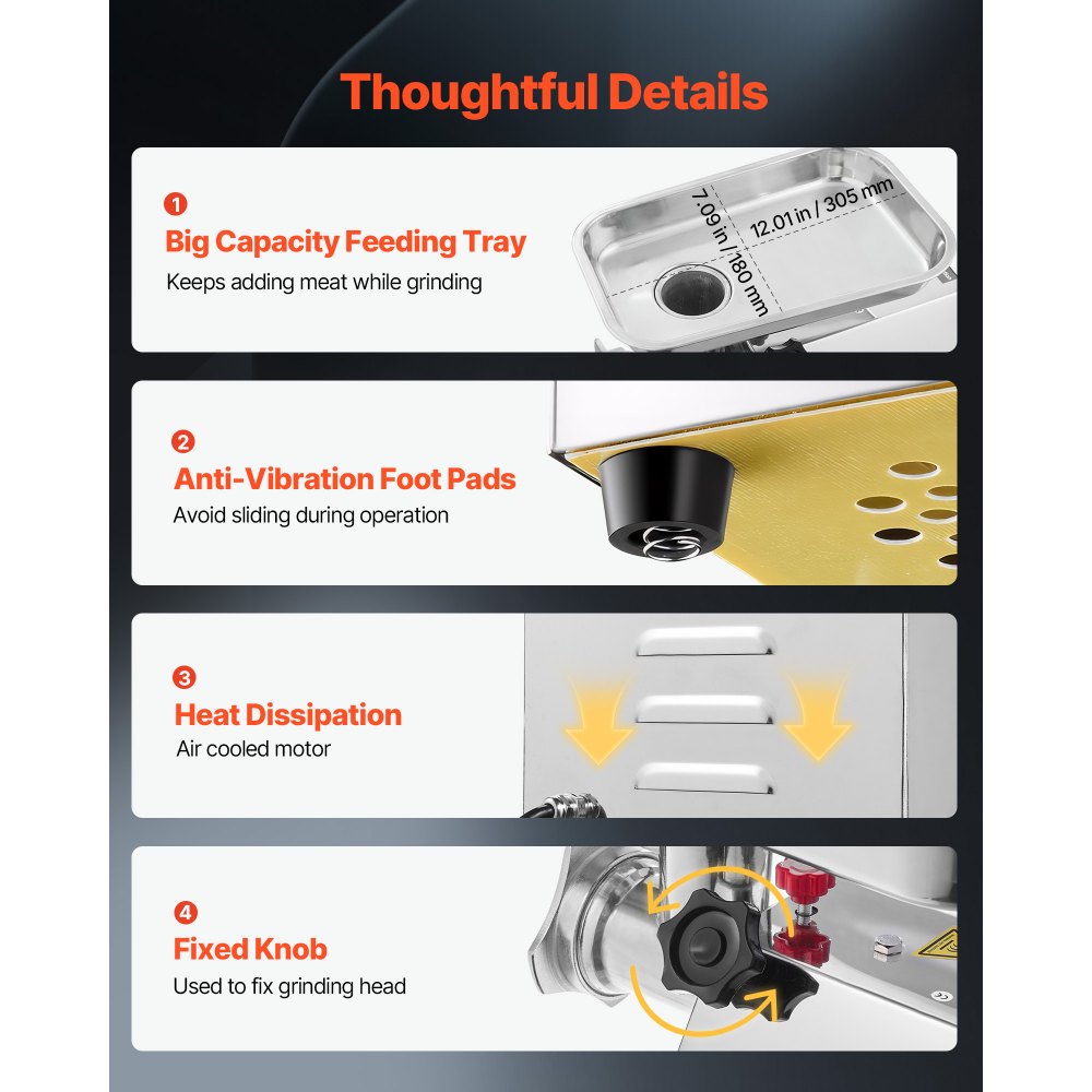 VEVOR Commercial Electric Meat Grinder, 3.18 kg/min Capacity, #12 Industrial Meat Mincer with 2 Stainless Steel Blades, 2 Grinding Plates, 850W Heavy-Duty Sausage Maker, for Kitchen, Restaurant