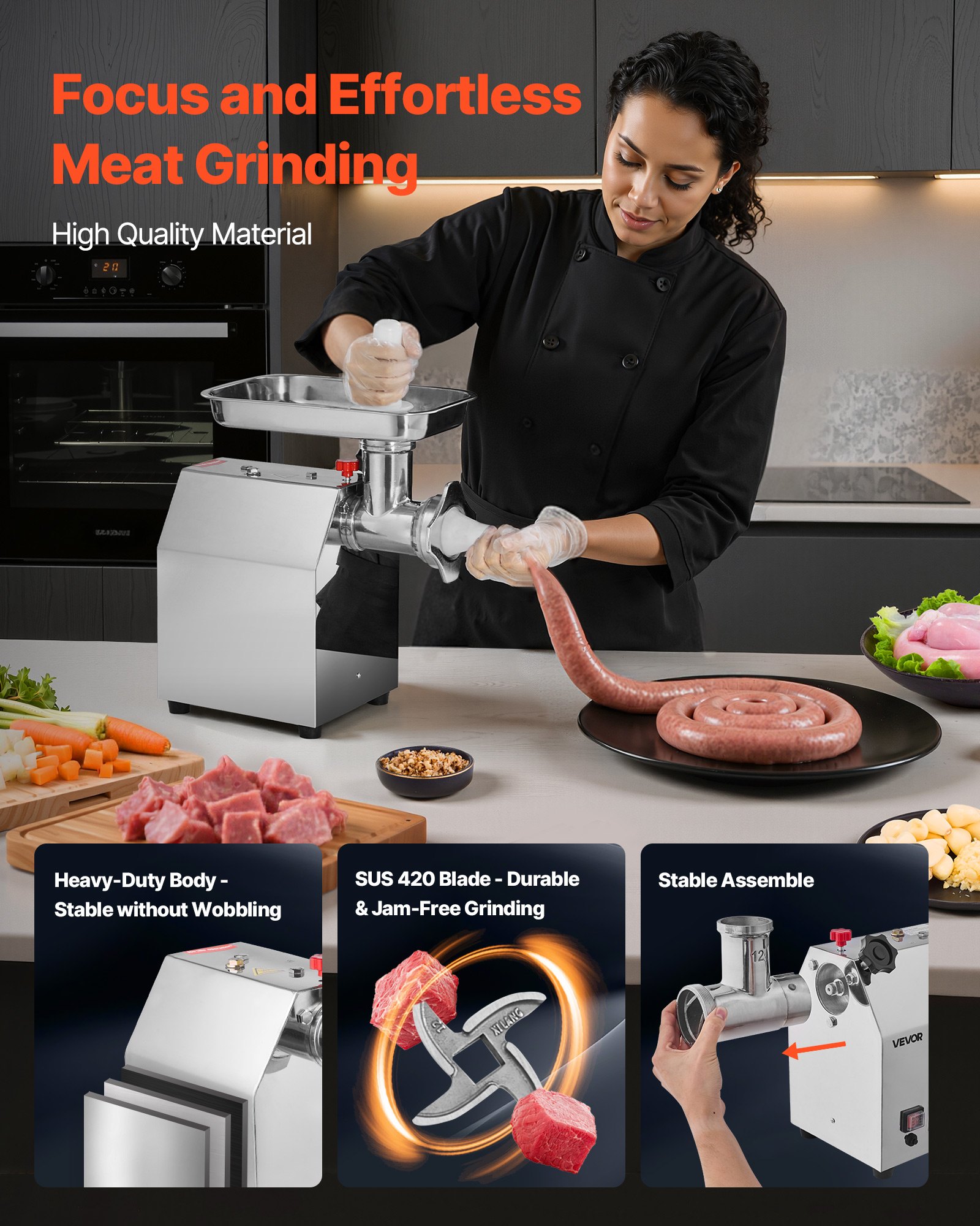 VEVOR Commercial Electric Meat Grinder, 3.18 kg/min Capacity, #12 Industrial Meat Mincer with 2 Stainless Steel Blades, 2 Grinding Plates, 850W Heavy-Duty Sausage Maker, for Kitchen, Restaurant